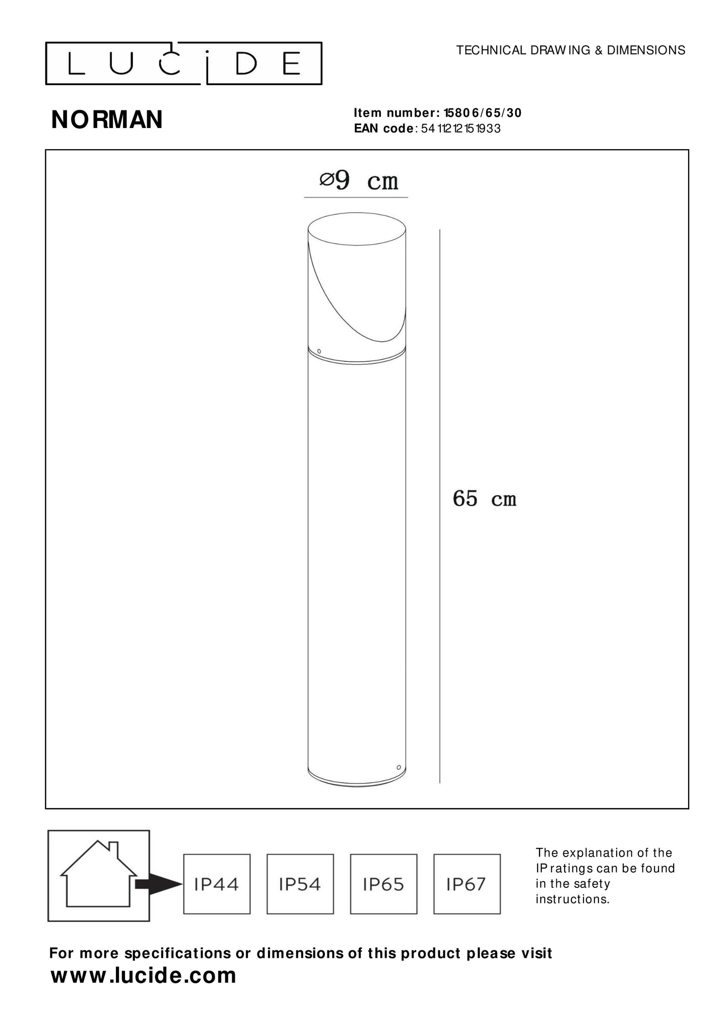 Lucide NORMAN - Bollard light - Ø 9 cm - 1xE27 - IP65 - Black