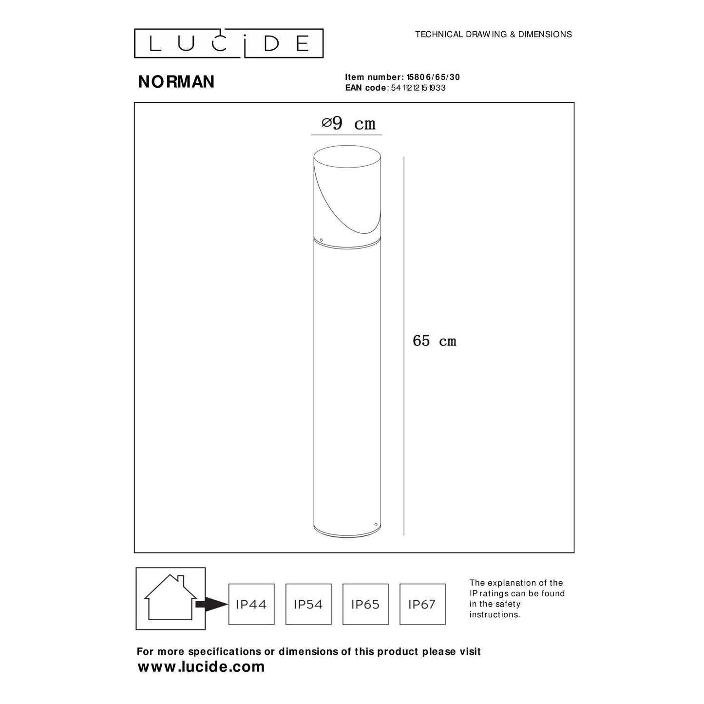 Lucide NORMAN - Bollard light - Ø 9 cm - 1xE27 - IP65 - Black