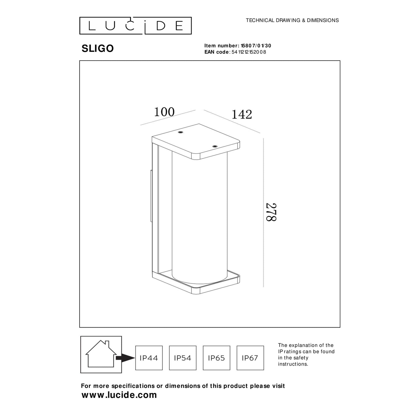 Lucide SLIGO - Wall light Indoor/Outdoor - 1x E27 - IP54 - Black