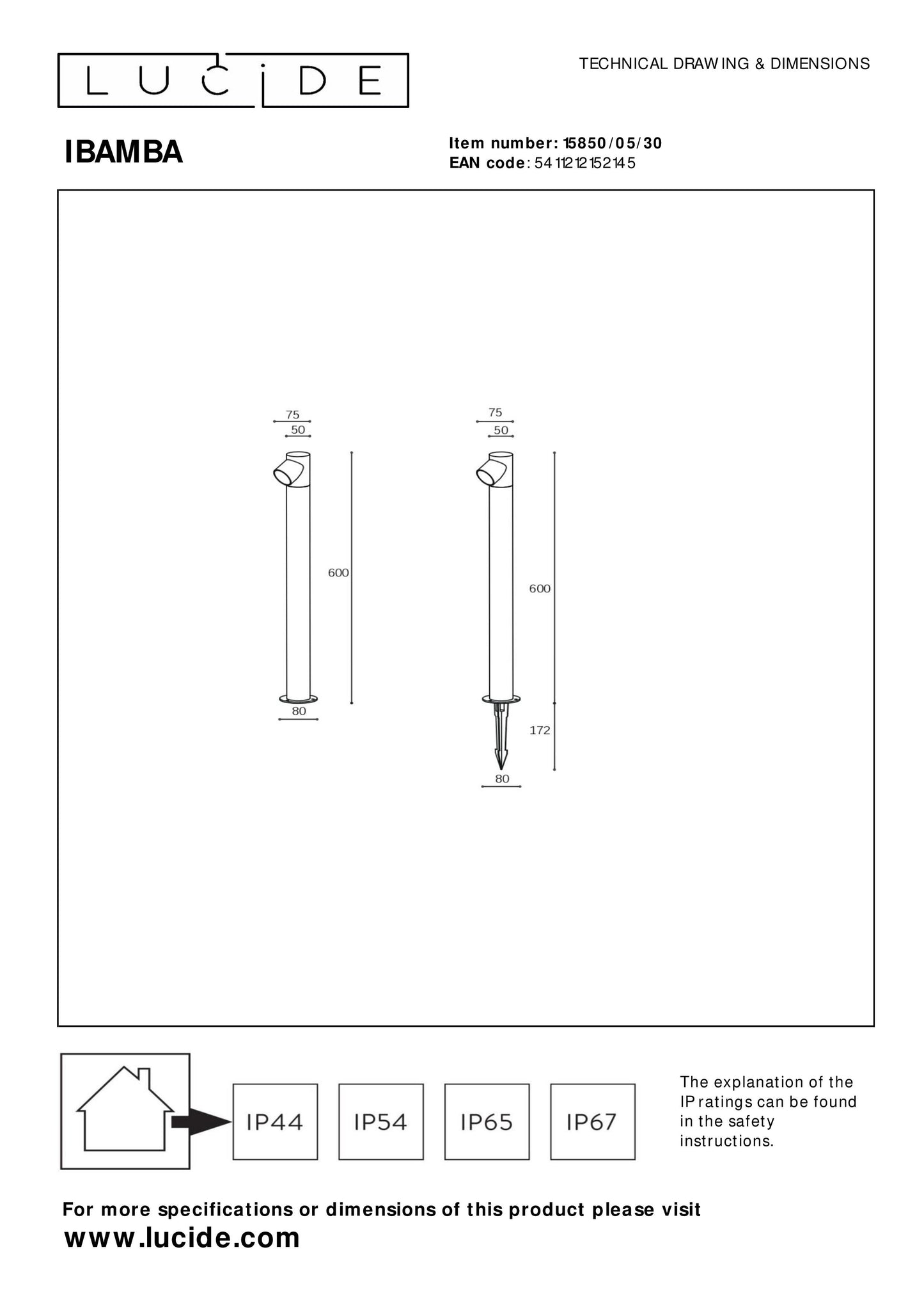 Lucide IBAMBA - Bollard light - LED - 1x6W 3000K - IP65 - Black