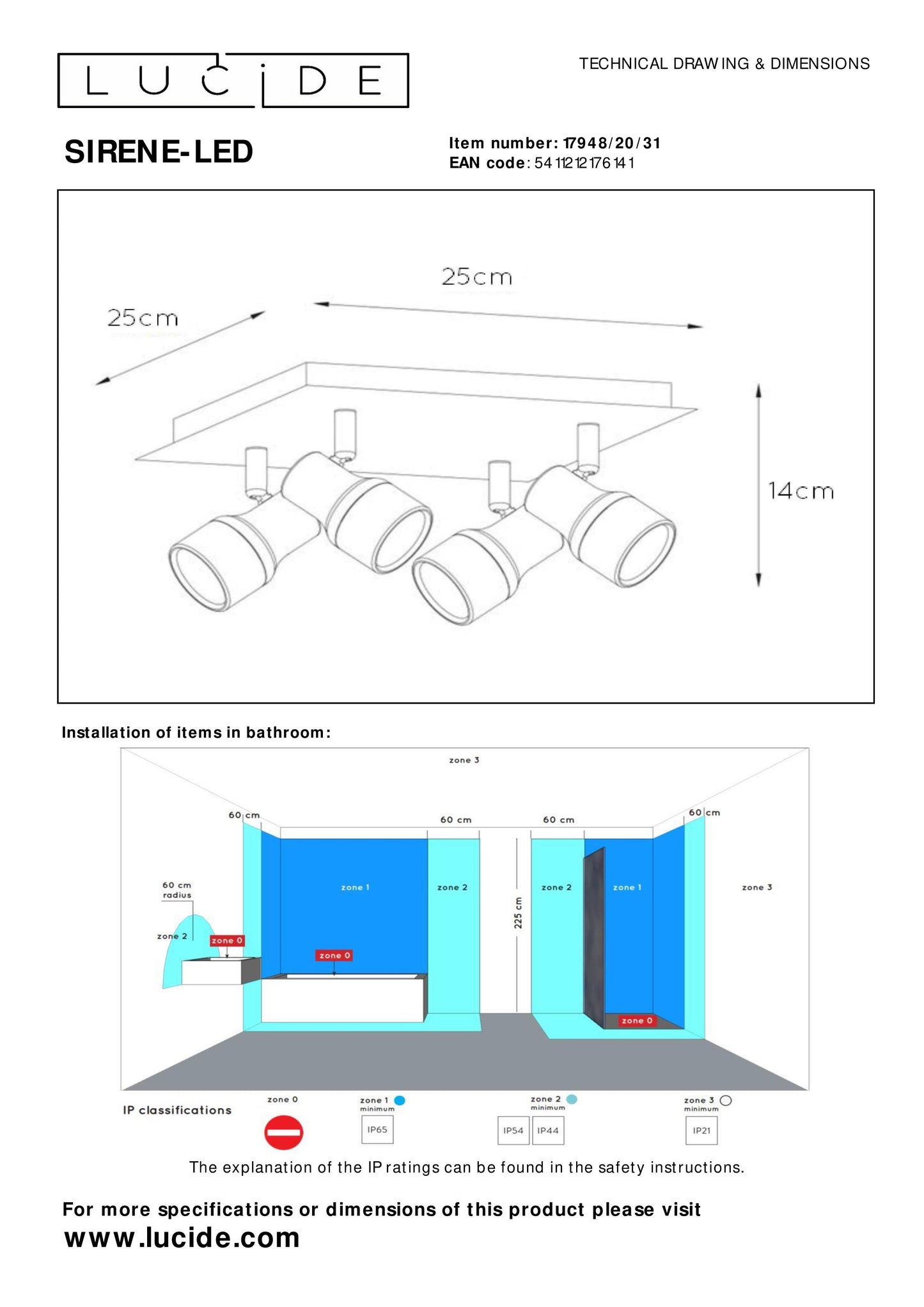 Lucide SIRENE-LED - Ceiling spotlight Bathroom - Ø 10 cm - LED Dim. - GU10 - 4x5W 3000K - IP44 - White