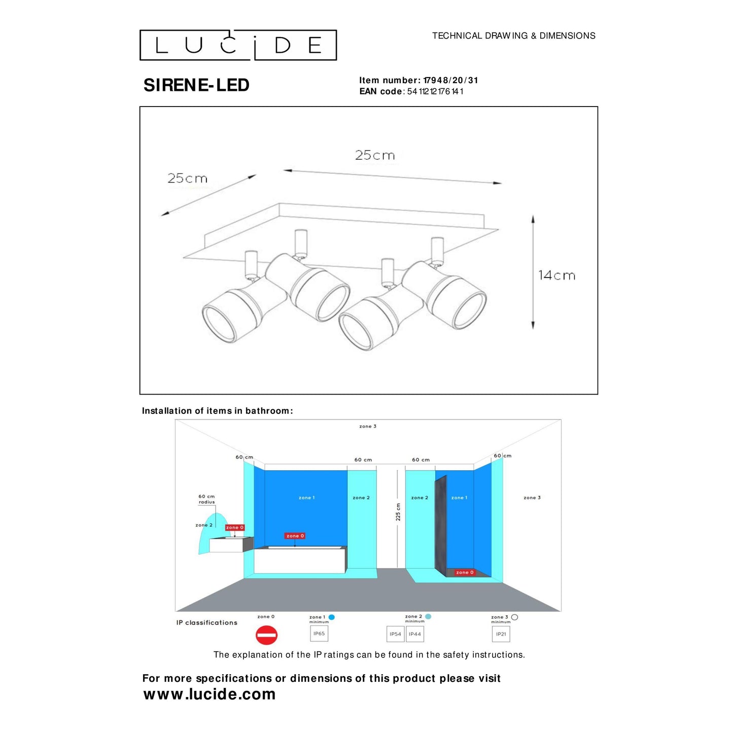 Lucide SIRENE-LED - Ceiling spotlight Bathroom - Ø 10 cm - LED Dim. - GU10 - 4x5W 3000K - IP44 - White