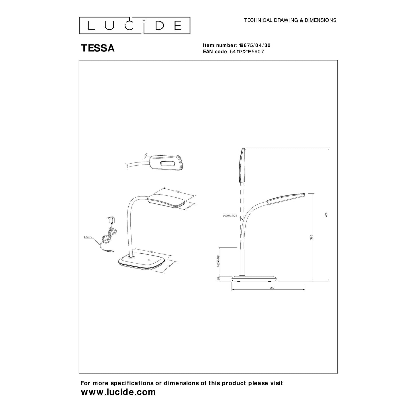 Lucide TESSA - Desk lamp - LED Dim. - 1x3,2W 3000K - Black