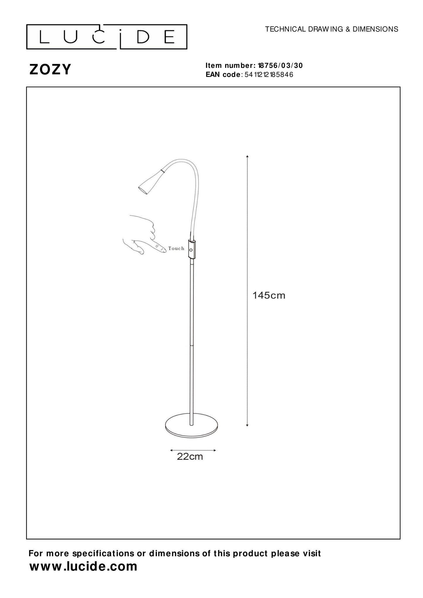 Lucide ZOZY - Floor reading lamp - LED Dim. - 1x4W 3000K - 3 StepDim - Black