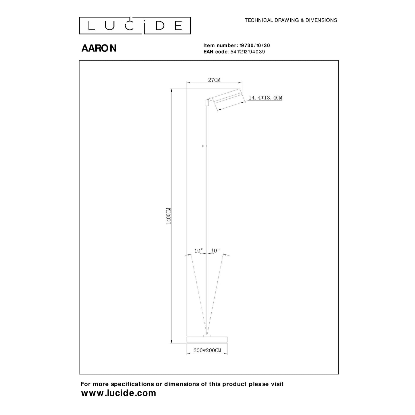 Lucide AARON - Floor reading lamp - LED Dim to warm - 1x12W 2700K/4000K - Black