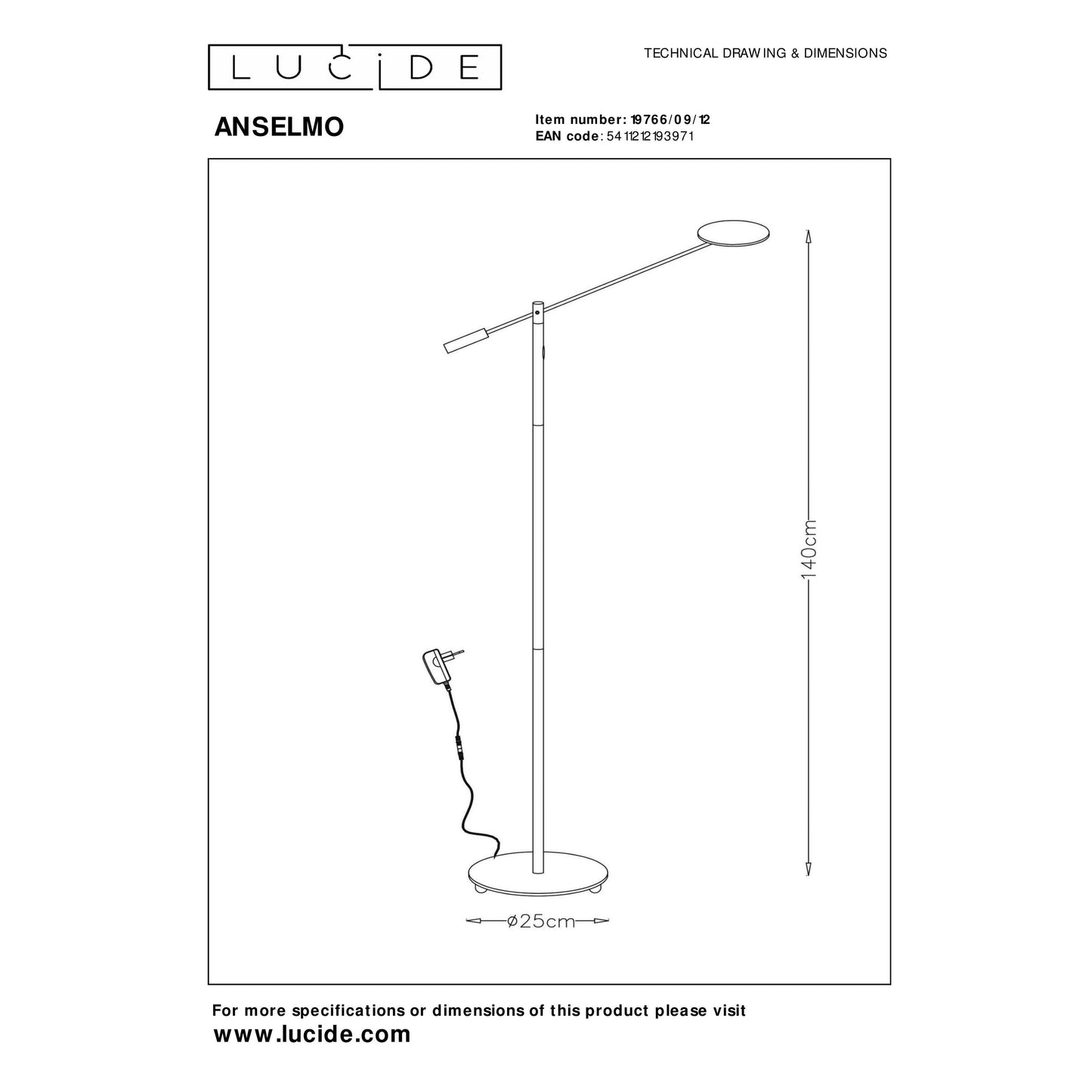 Lucide ANSELMO - Floor reading lamp - Ø 25 cm - LED Dim. - 1x9W 3000K - Satin Chrome