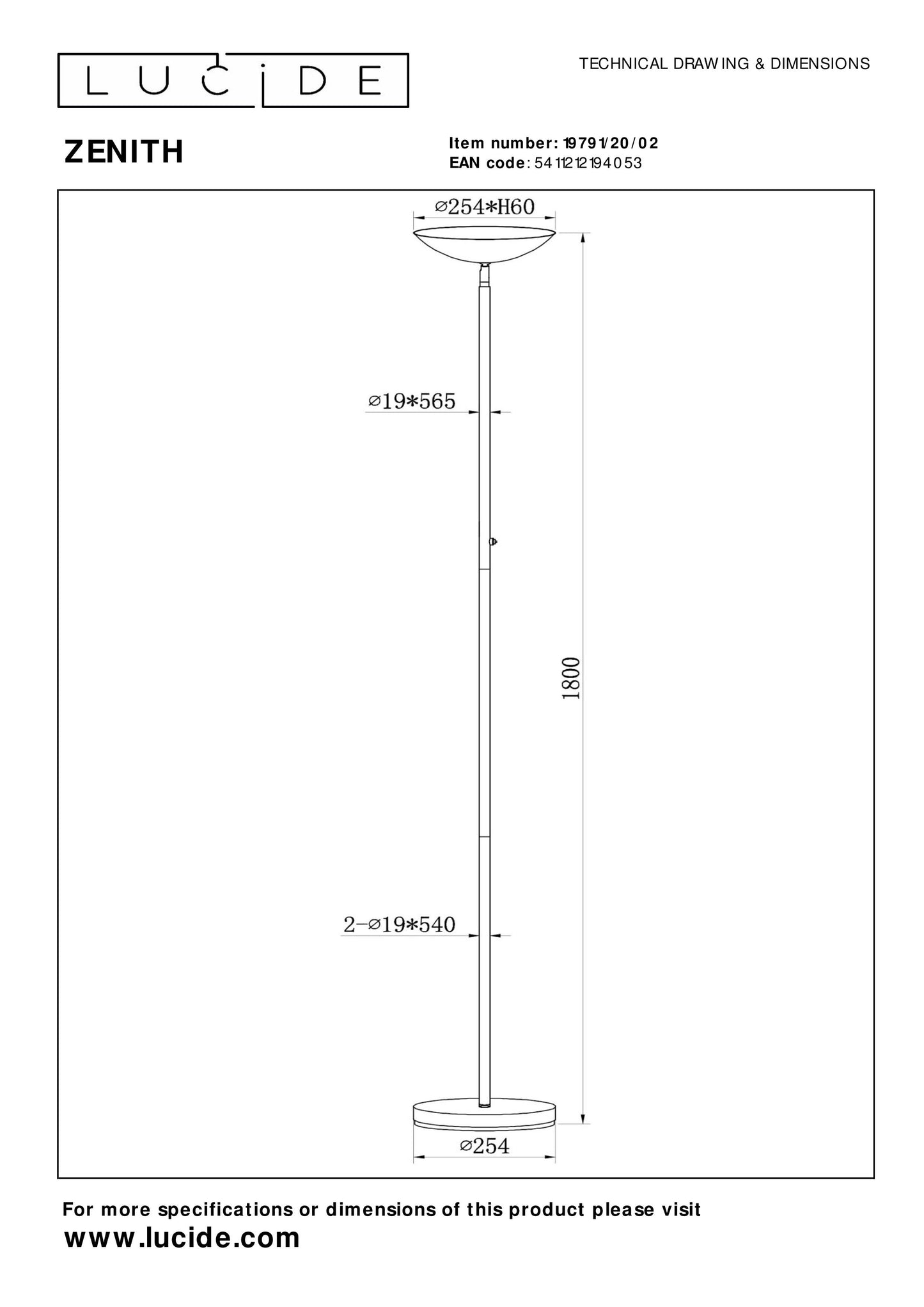 Lucide ZENITH - Floor lamp - LED Dim. - 1x20W 3000K - Matt Gold / Brass