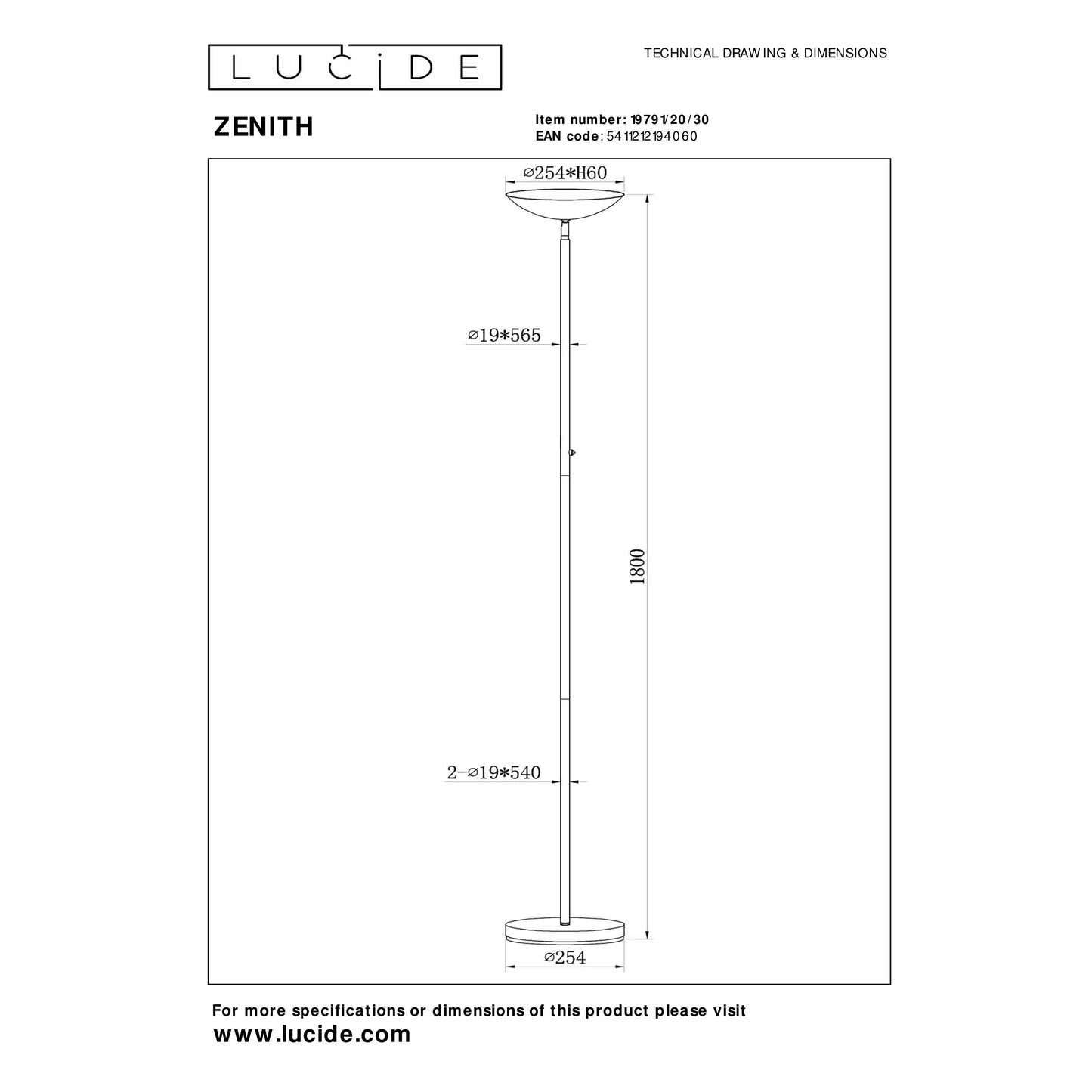 Lucide ZENITH - Floor lamp - LED Dim. - 1x20W 3000K - Black