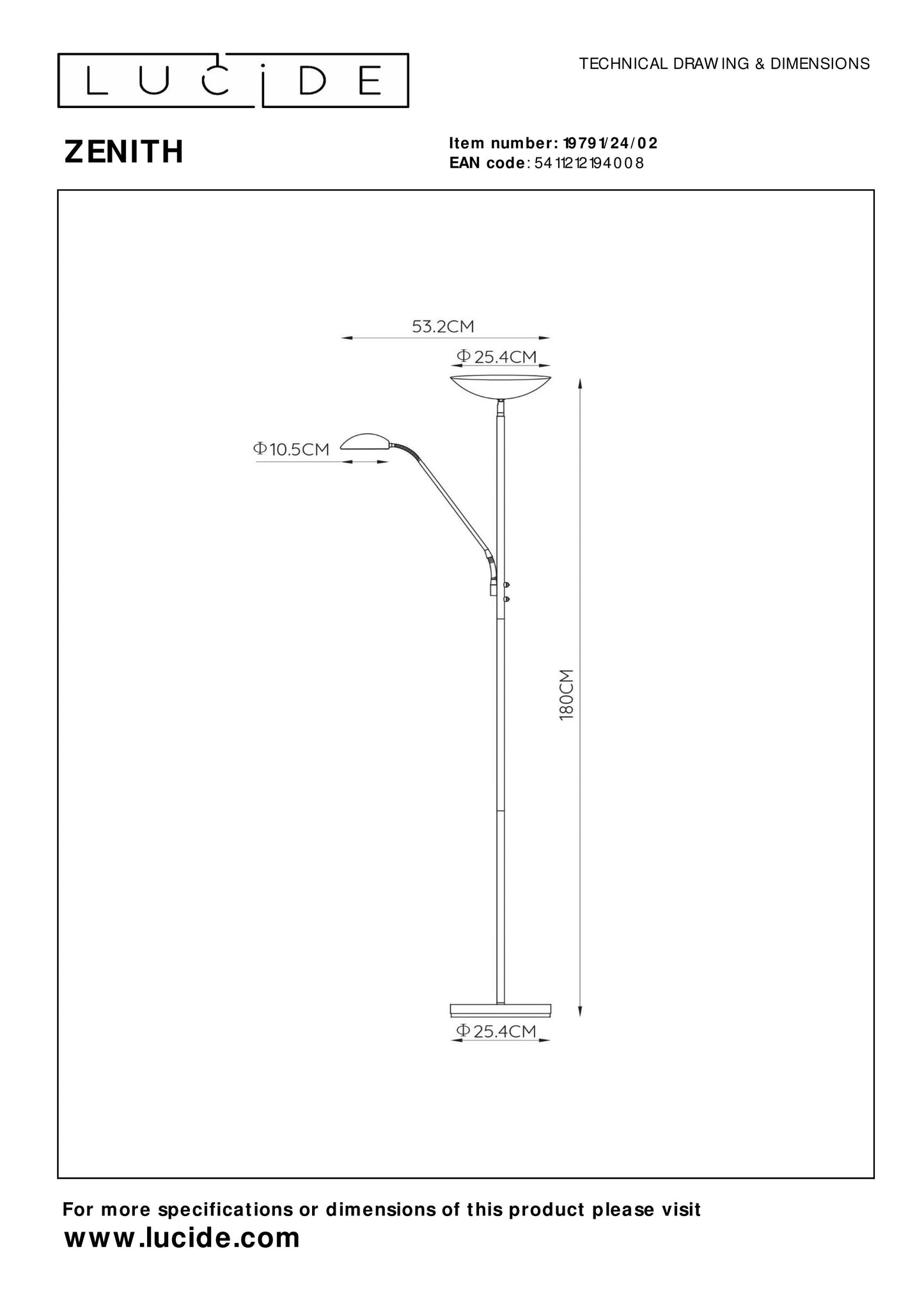 Lucide ZENITH - Floor reading lamp - LED Dim. - 3000K - Matt Gold / Brass