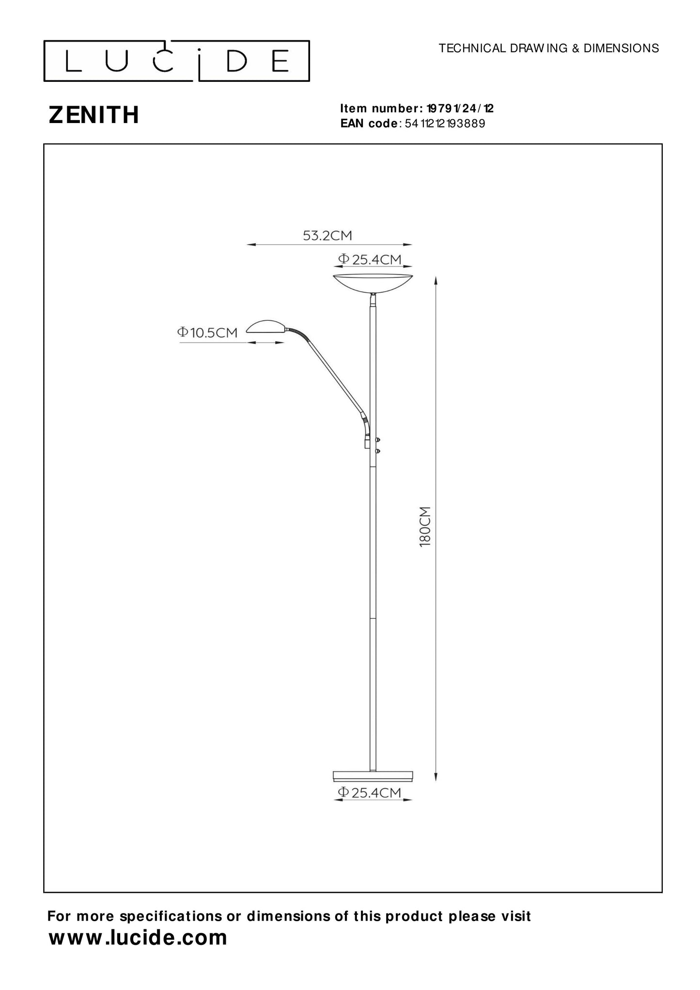 Lucide ZENITH - Floor reading lamp - LED Dim. - 3000K - Satin Chrome