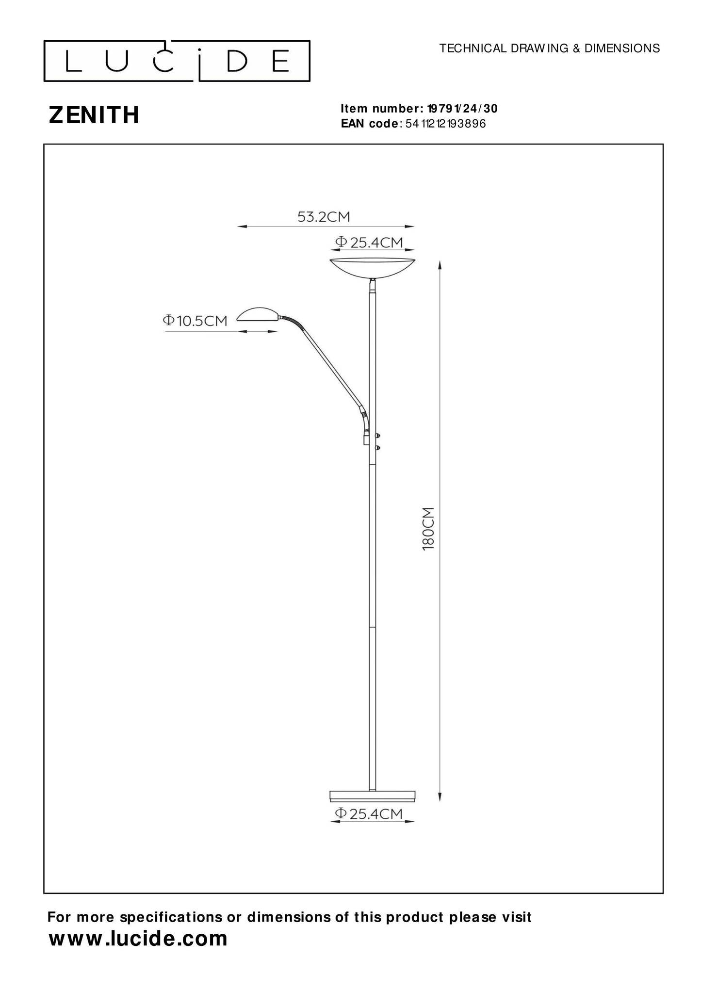 Lucide ZENITH - Floor reading lamp - LED Dim. - 3000K - Black