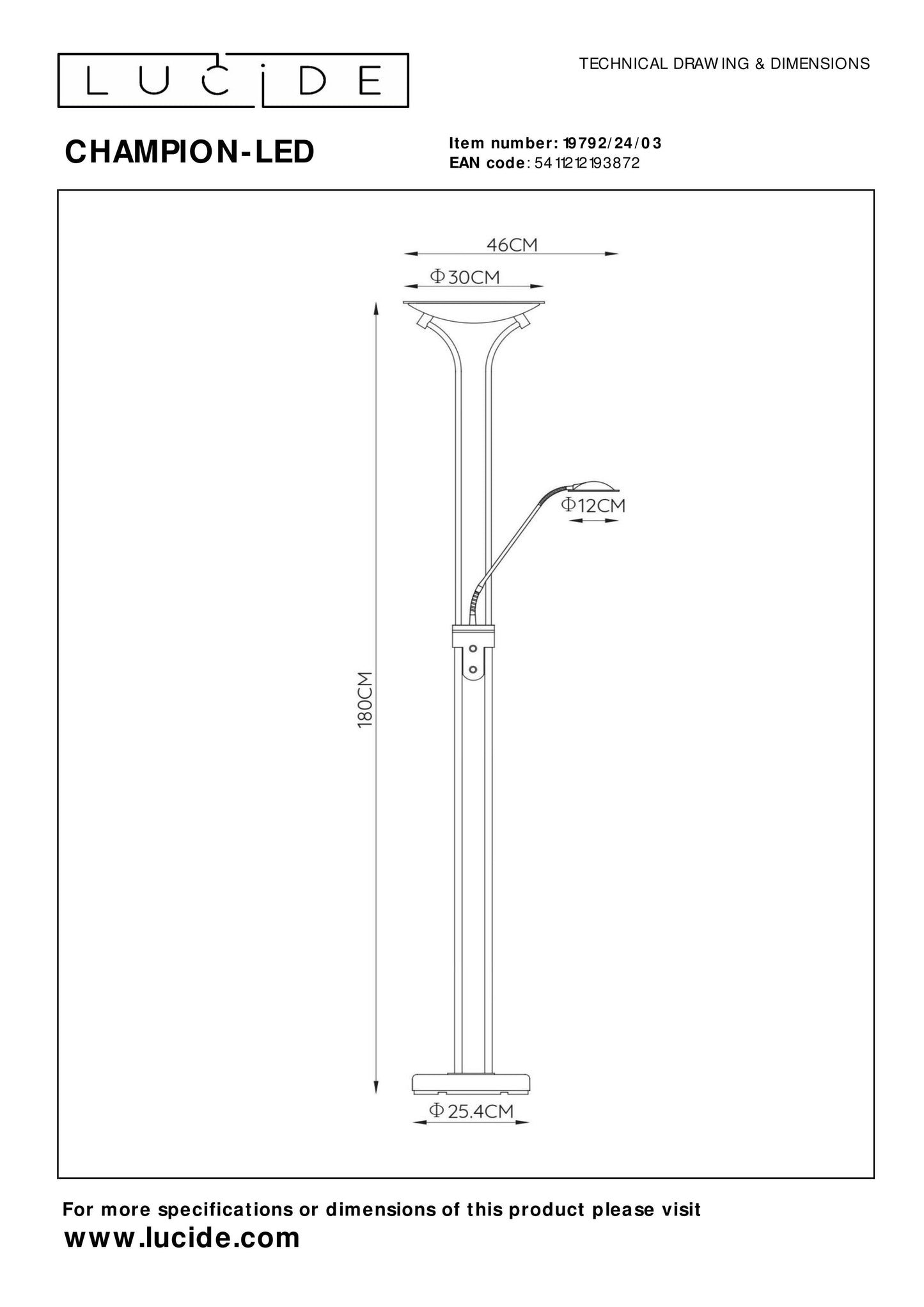 Lucide CHAMPION-LED - Floor reading lamp - LED Dim. - 3000K - Bronze