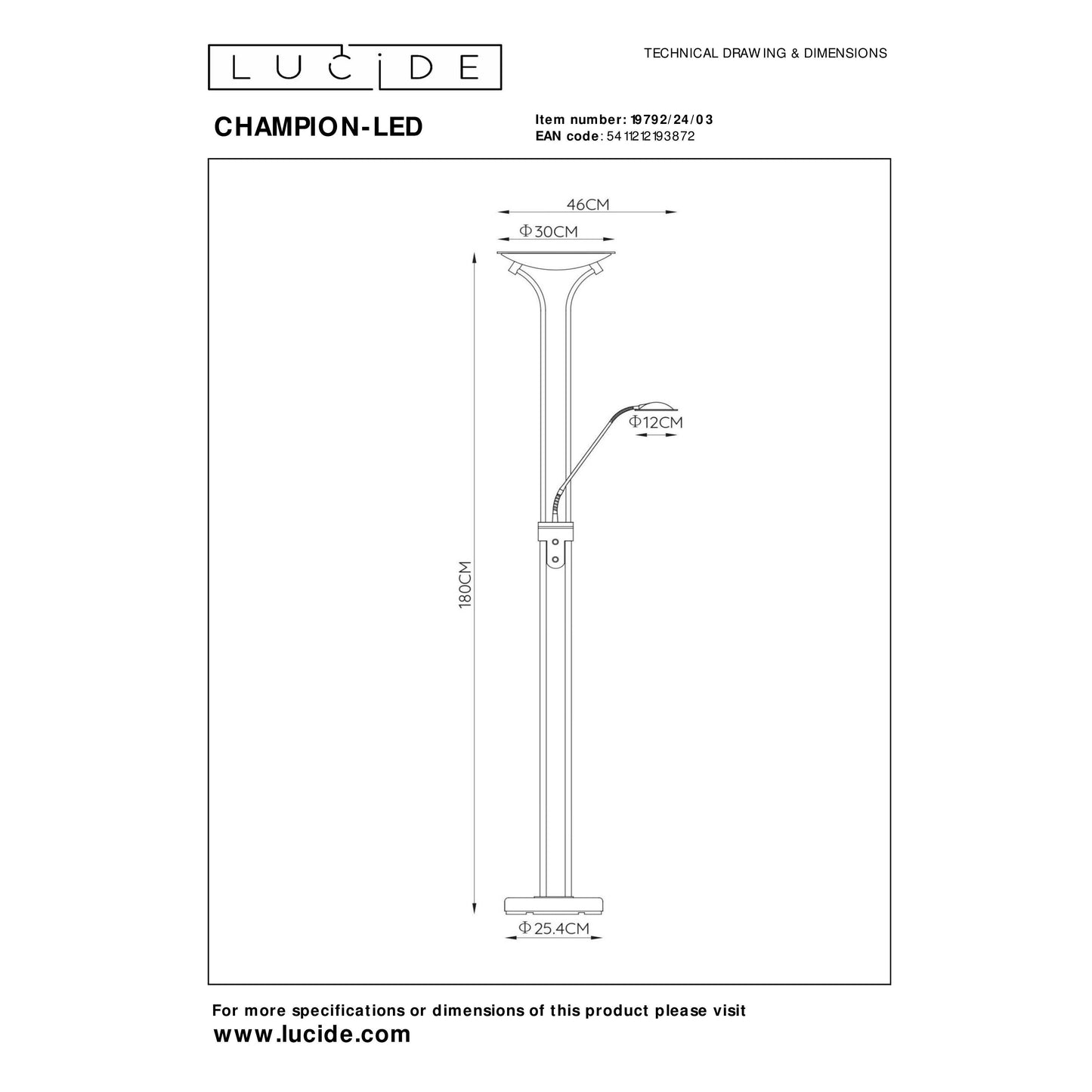 Lucide CHAMPION-LED - Floor reading lamp - LED Dim. - 3000K - Bronze