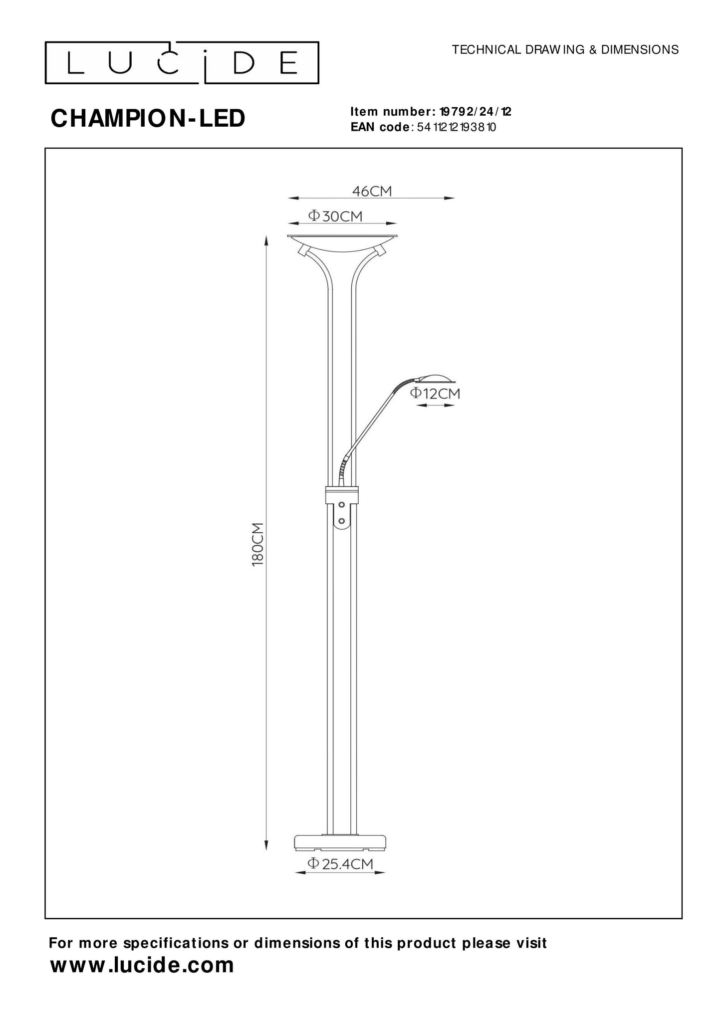 Lucide CHAMPION-LED - Floor reading lamp - LED Dim. - 3000K - Satin Chrome