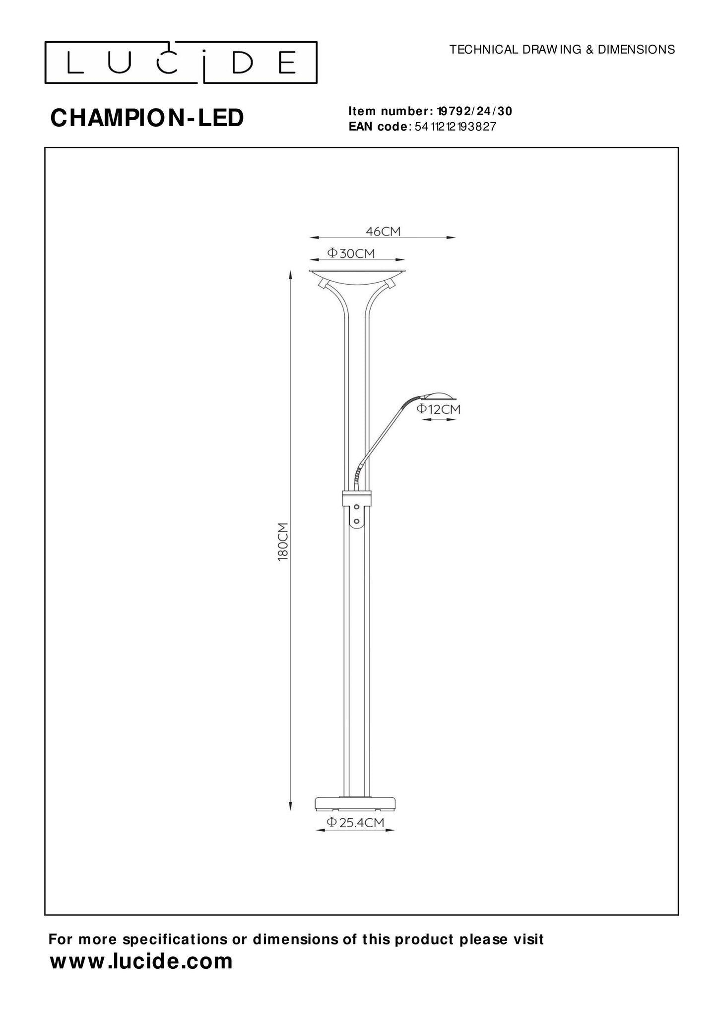 Lucide CHAMPION-LED - Floor reading lamp - LED Dim. - 3000K - Black