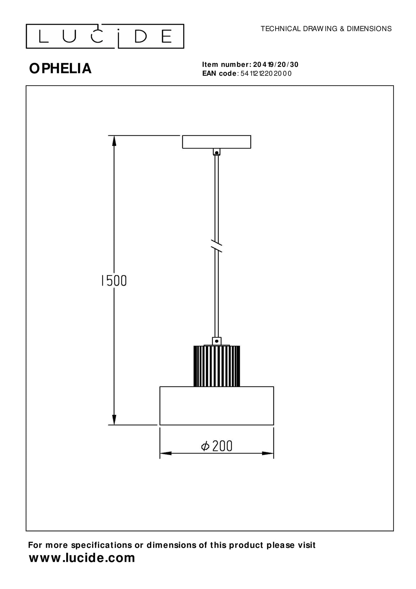 Lucide OPHELIA - Pendant light - Ø 20 cm - 1xE27 - Black