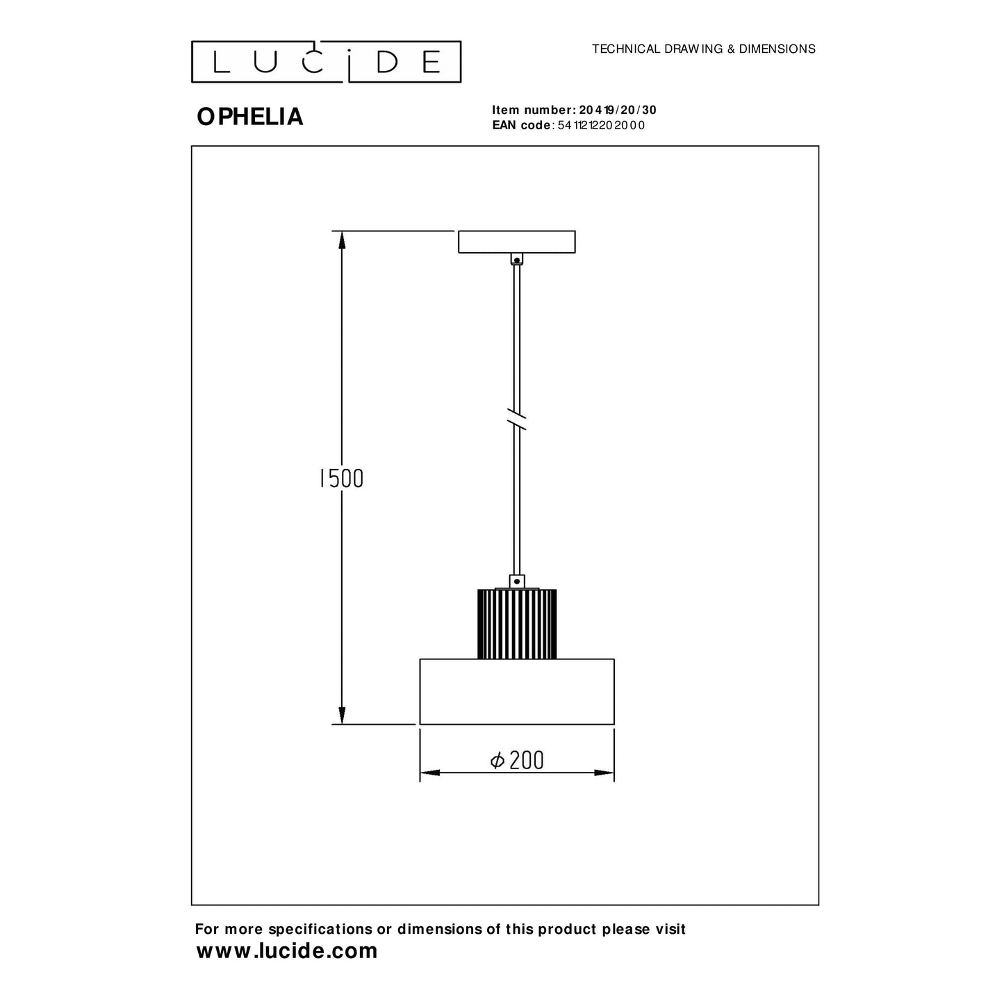 Lucide OPHELIA - Pendant light - Ø 20 cm - 1xE27 - Black