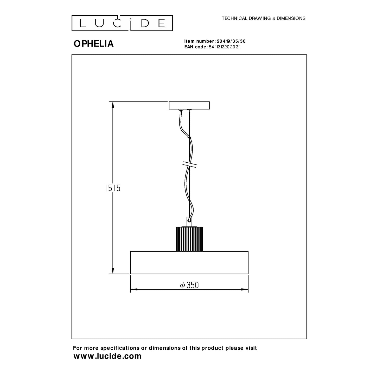 Lucide OPHELIA - Pendant light - Ø 35 cm - 1xE27 - Black