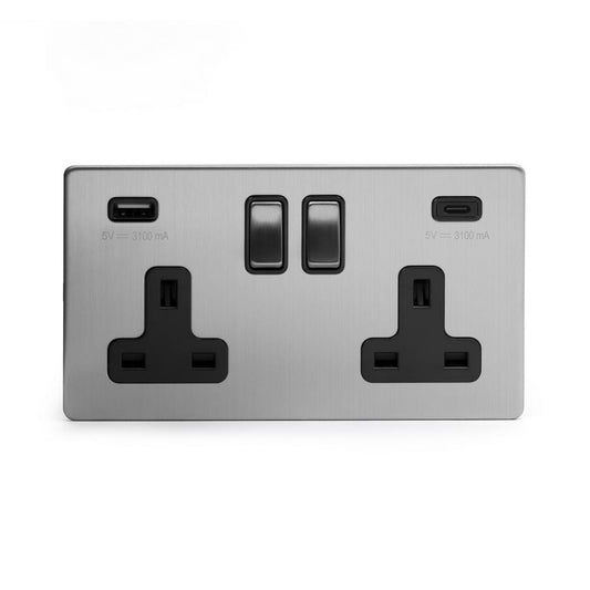 The Lombard Collection Brushed Chrome 2 Gang USB A + C Socket (13A Socket + 2 USB Ports A+C 3.1A) Blk Ins Screwless