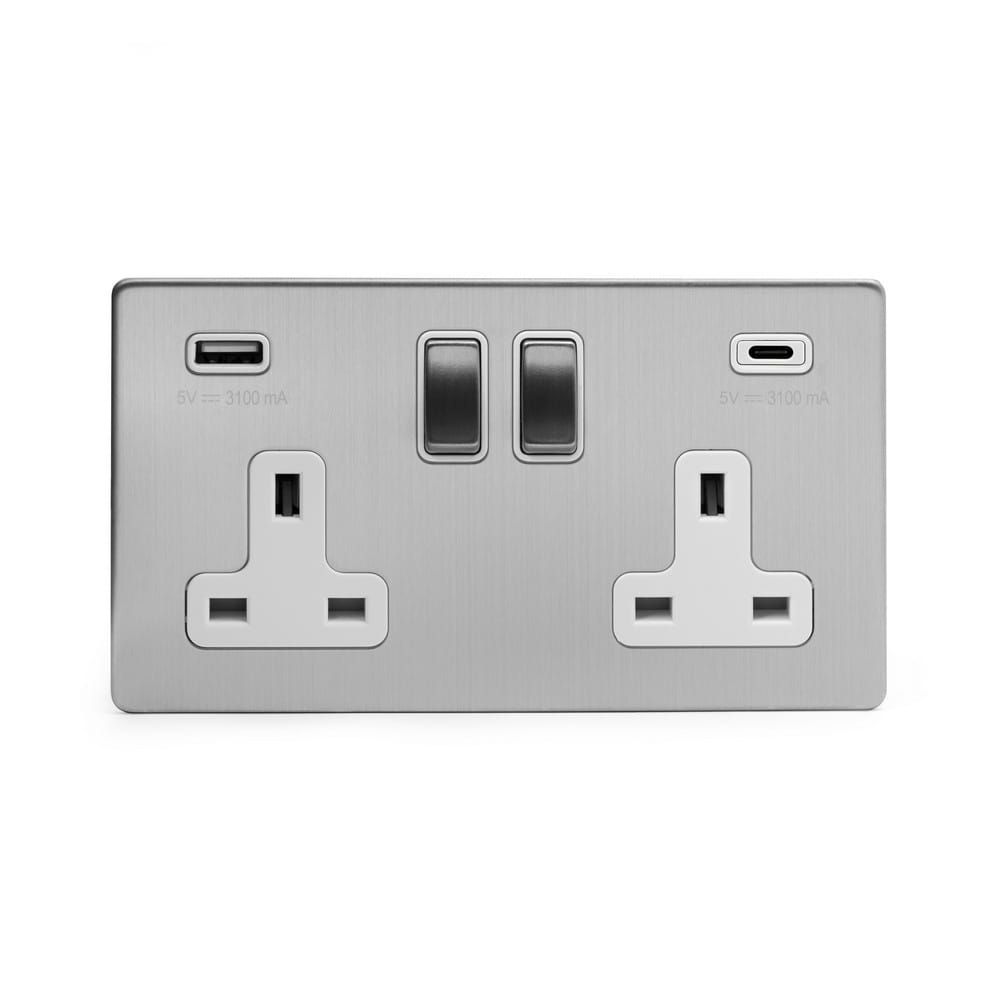 The Lombard Collection Brushed Chrome 2 Gang USB A + C Socket (13A Socket + 2 USB Ports A+C 3.1A) Wht Ins Screwless