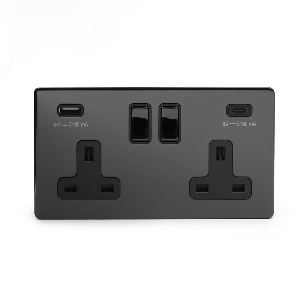 The Connaught Collection Black Nickel 2 Gang USB A + C Socket (13A Socket + 2 USB Ports A+C 3.1A) Blk Ins Screwless