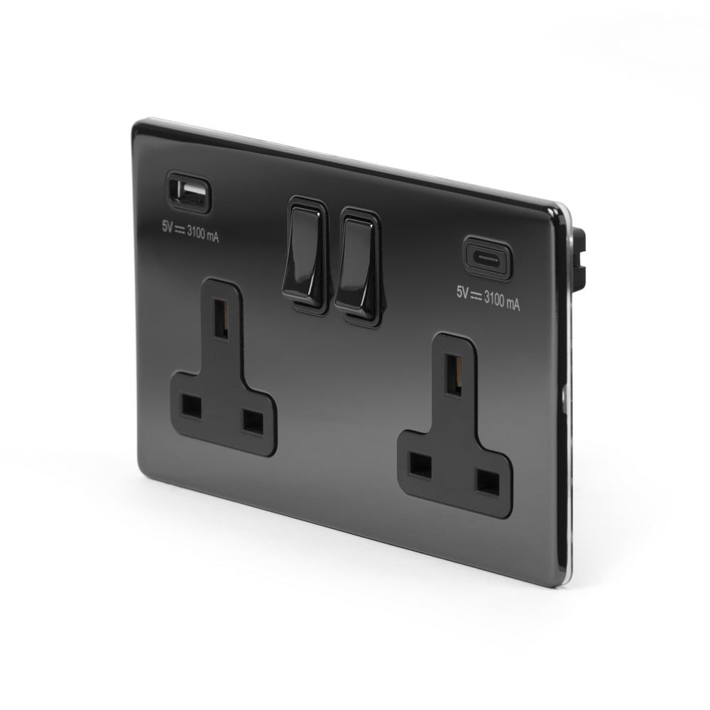 The Connaught Collection Black Nickel 2 Gang USB A + C Socket (13A Socket + 2 USB Ports A+C 3.1A) Blk Ins Screwless