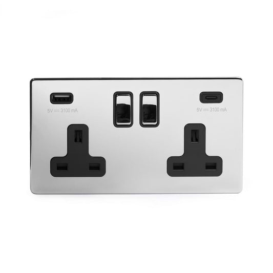 The Finsbury Collection Polished Chrome 2 Gang USB A + C Socket (13A Socket + 2 USB Ports A+C 3.1A) Blk Ins Screwless