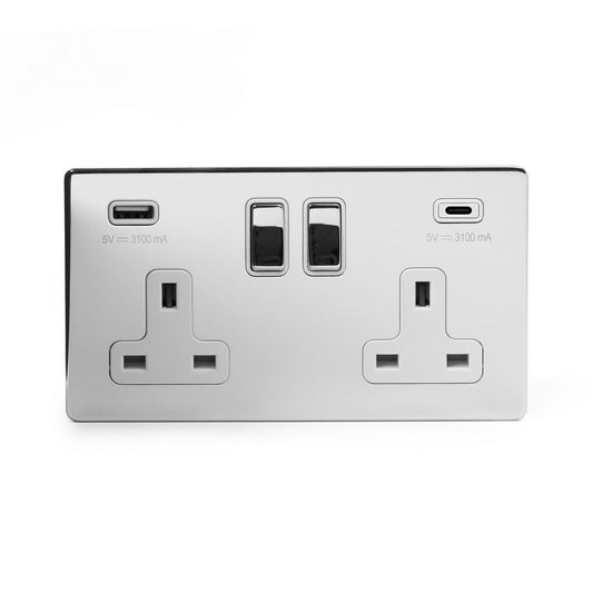 The Finsbury Collection Polished Chrome 2 Gang USB A + C Socket (13A Socket + 2 USB Ports A+C 3.1A) Wht Ins Screwless