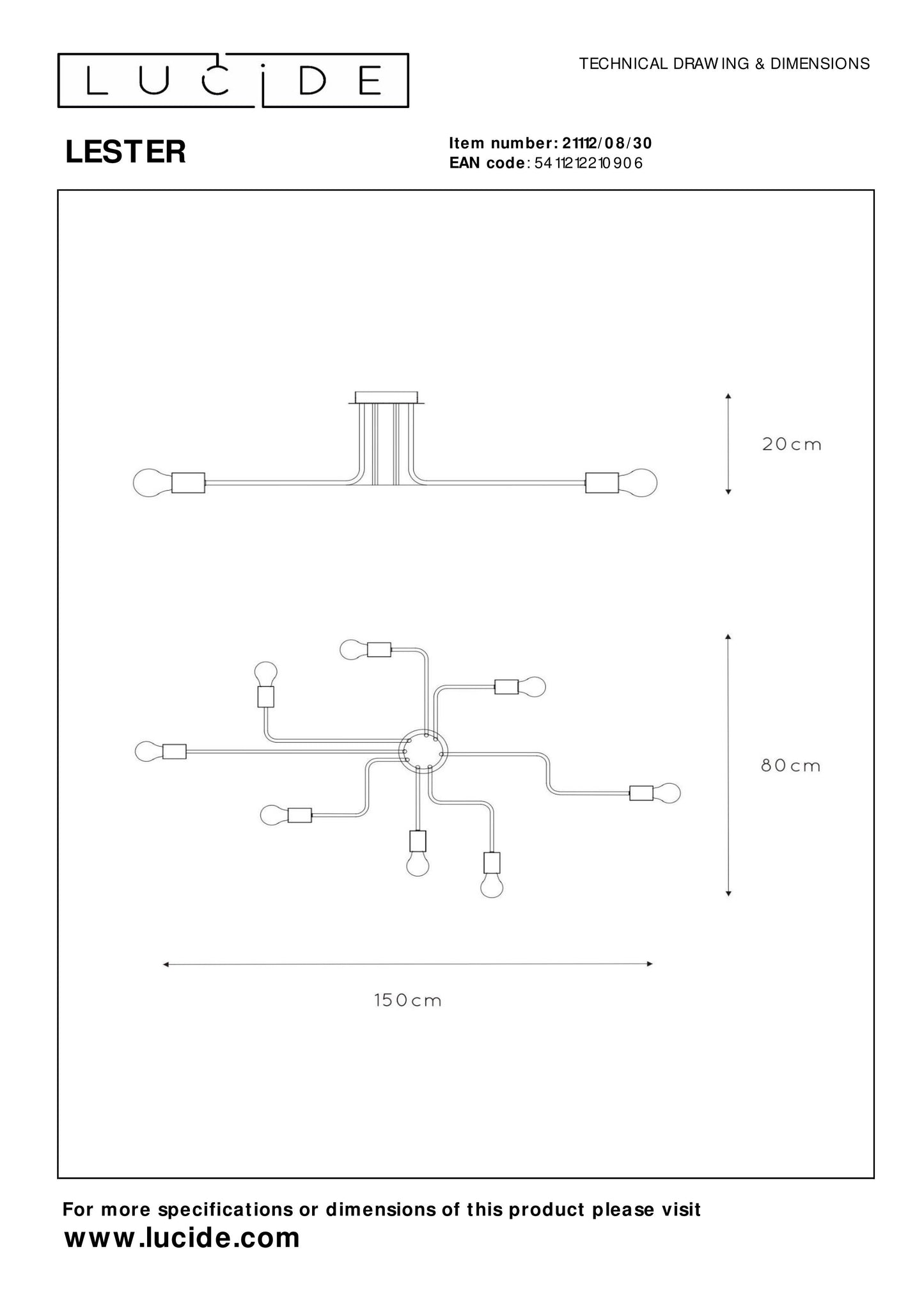 Lucide LESTER - Flush ceiling light - 8xE27 - Black