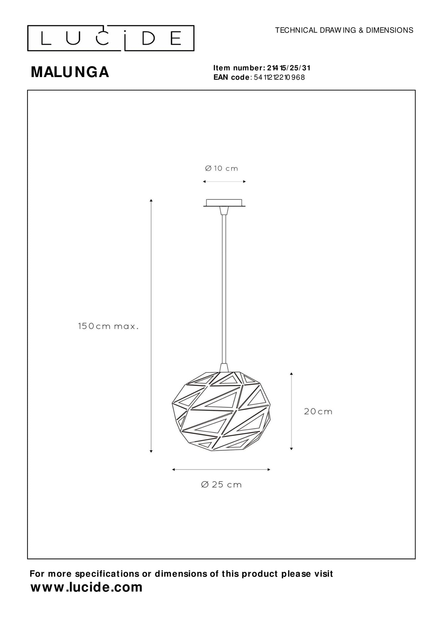 Lucide MALUNGA - Pendant light - Ø 25 cm - 1xE27 - White