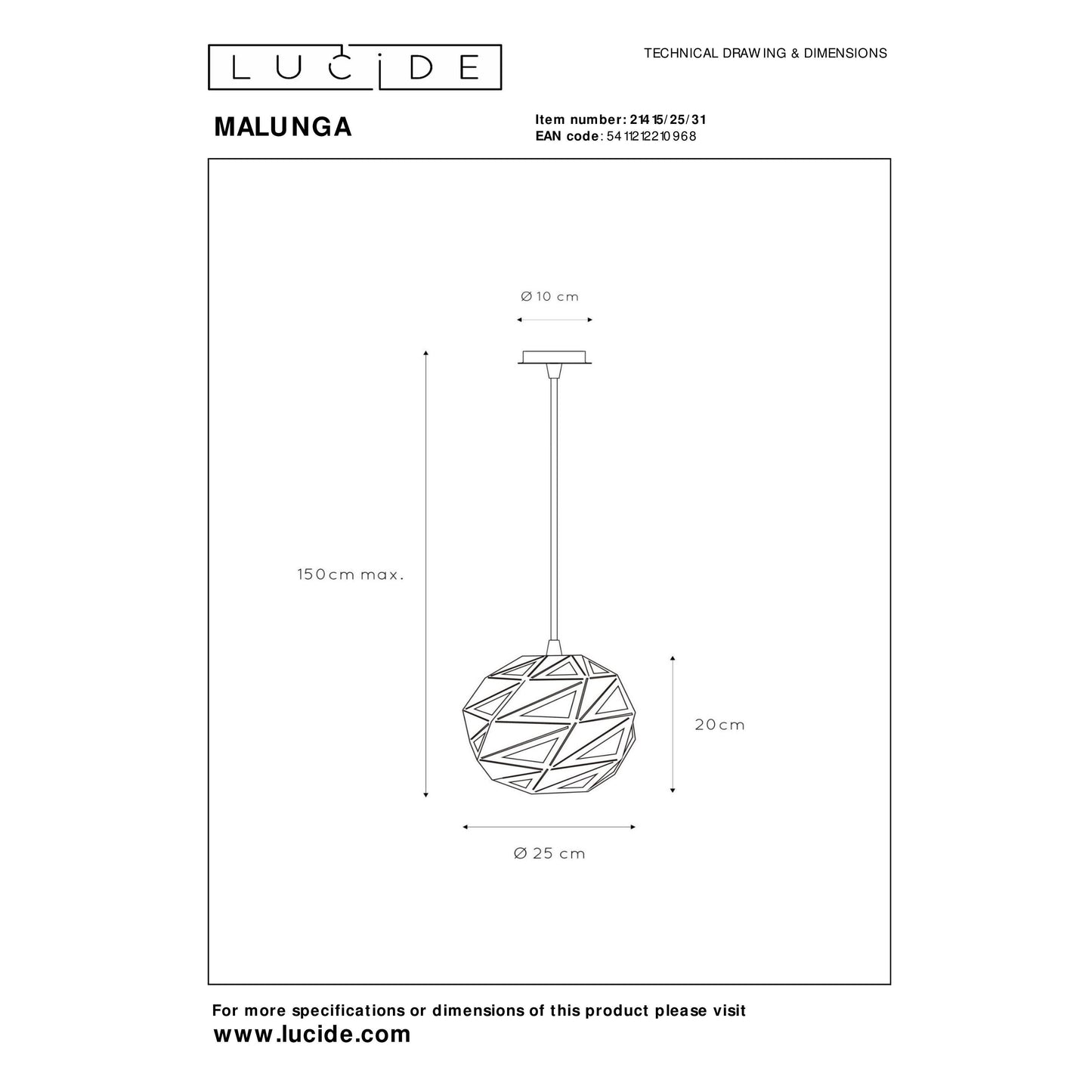 Lucide MALUNGA - Pendant light - Ø 25 cm - 1xE27 - White