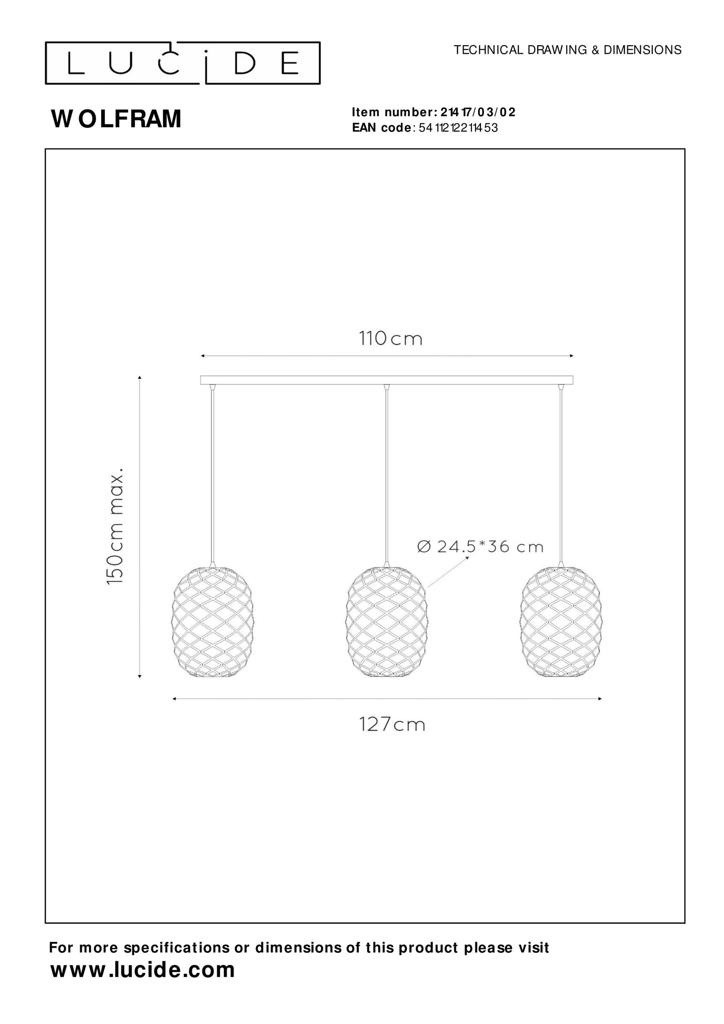 Lucide WOLFRAM - Pendant light - 3xE27 - Matt Gold / Brass