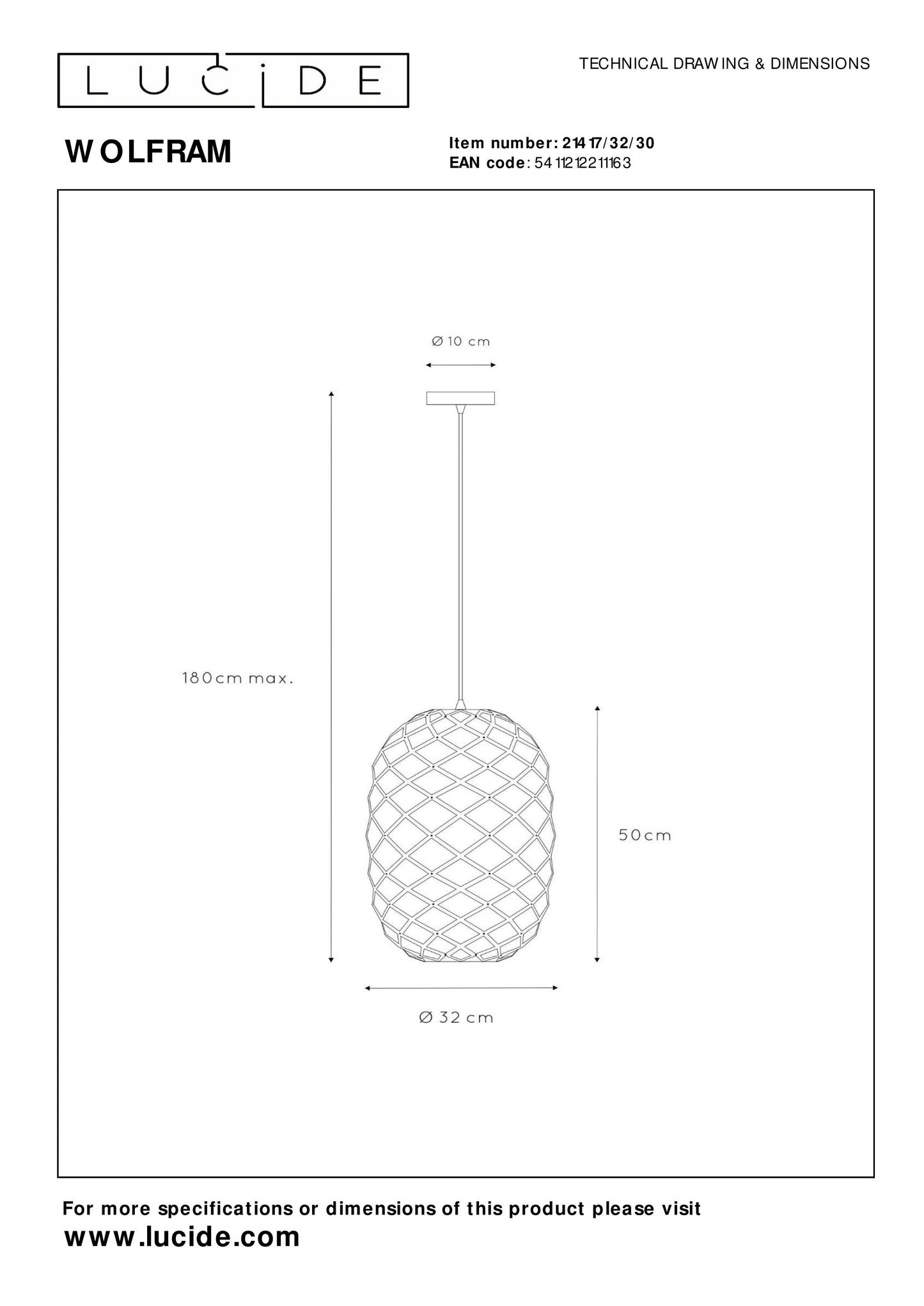 Lucide WOLFRAM - Pendant light - Ø 32 cm - 1xE27 - Black