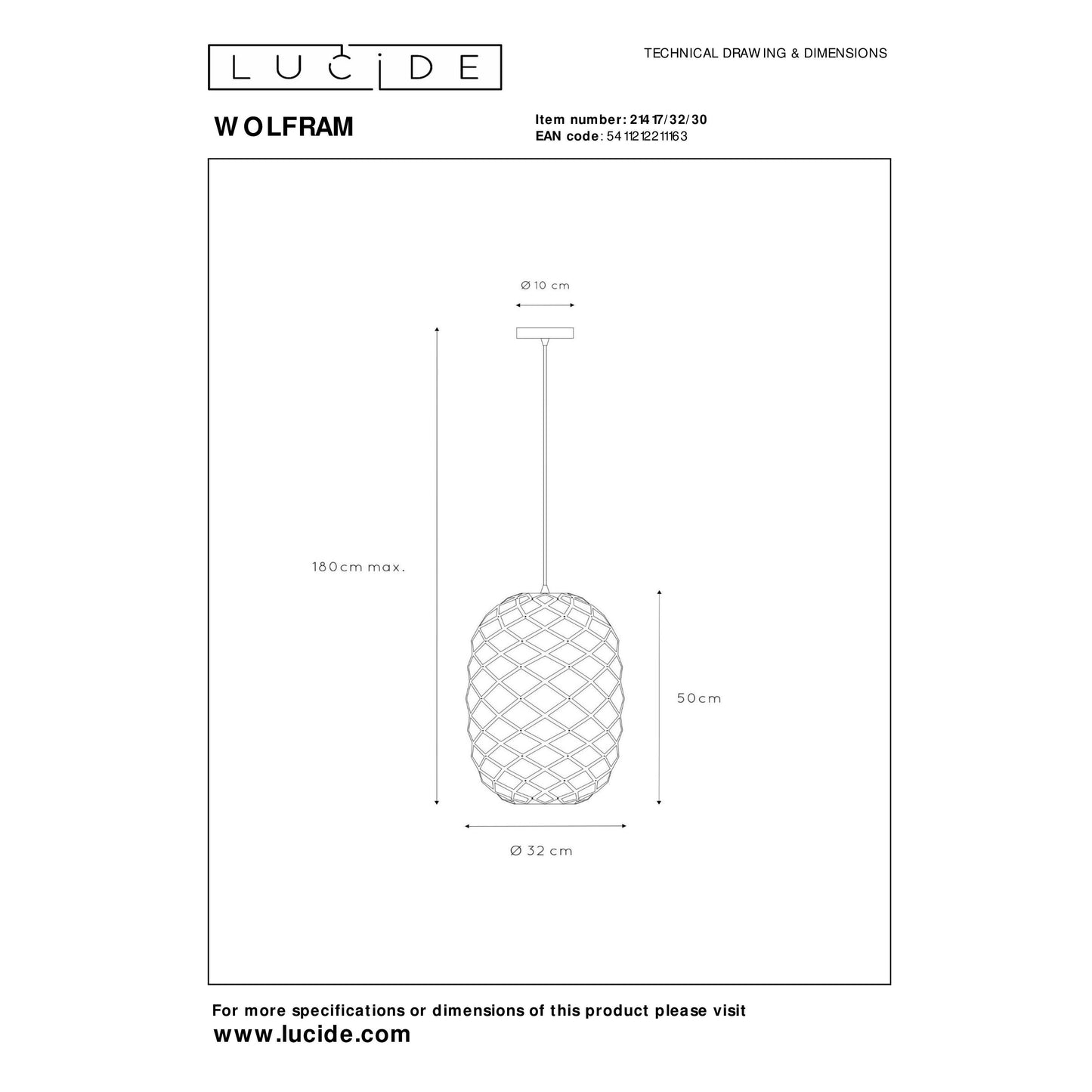 Lucide WOLFRAM - Pendant light - Ø 32 cm - 1xE27 - Black