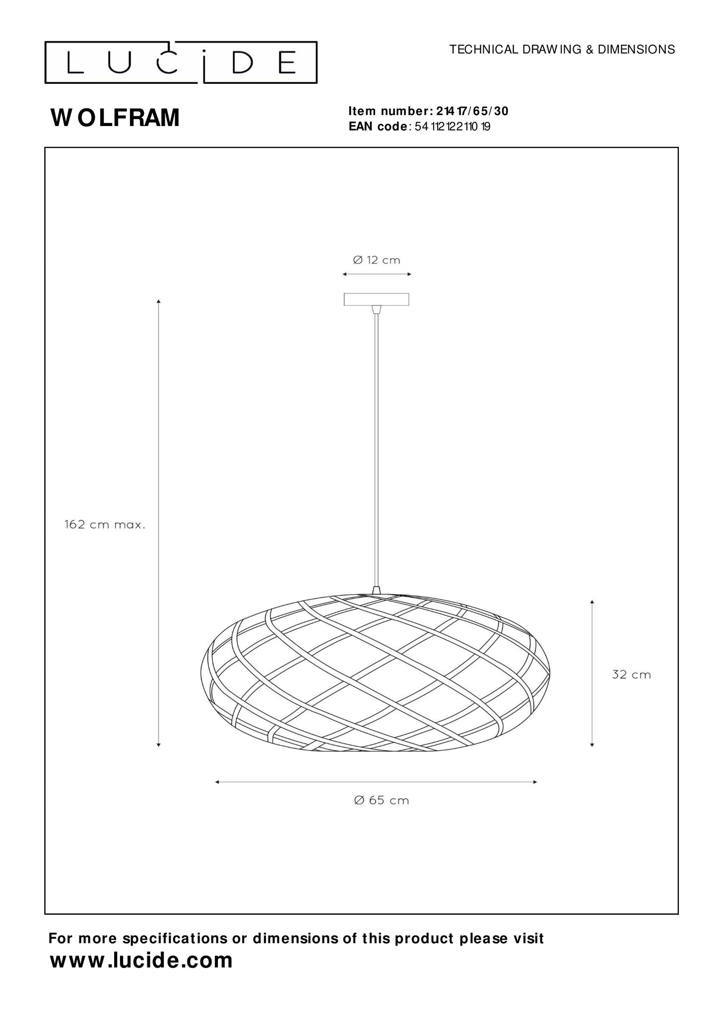 Lucide WOLFRAM - Pendant light - Ø 65 cm - 1xE27 - Black