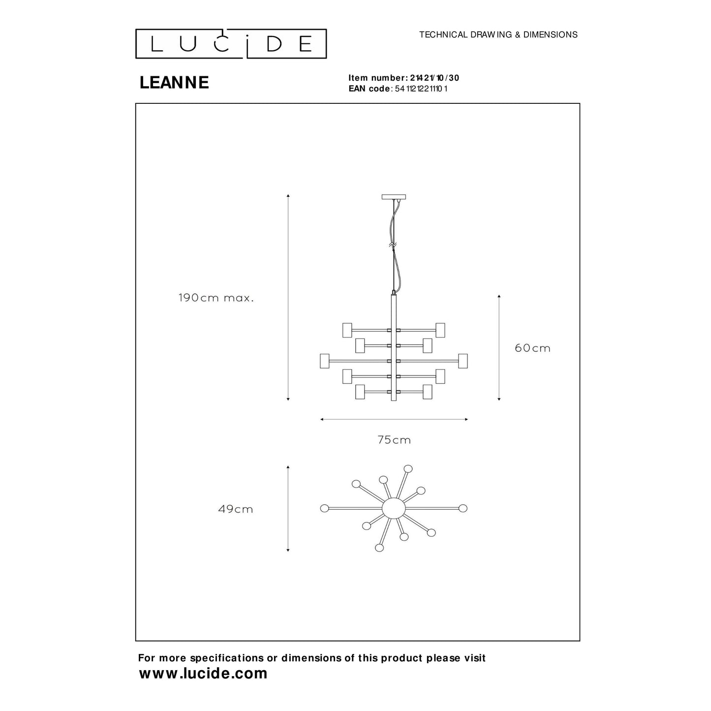 Lucide LEANNE - Pendant light - Ø 65 cm - 10xE27 - Black