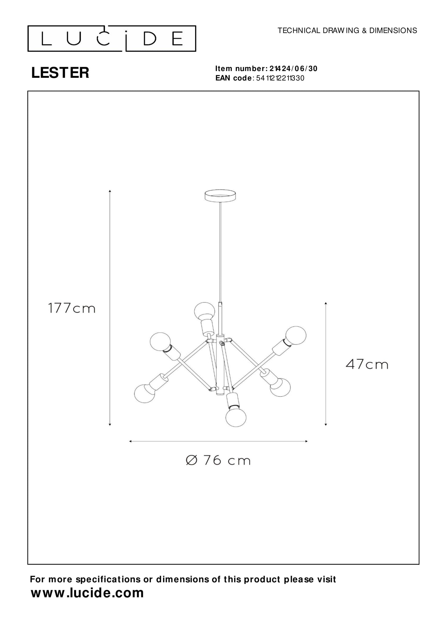 Lucide LESTER - Pendant light - 6xE27 - Black