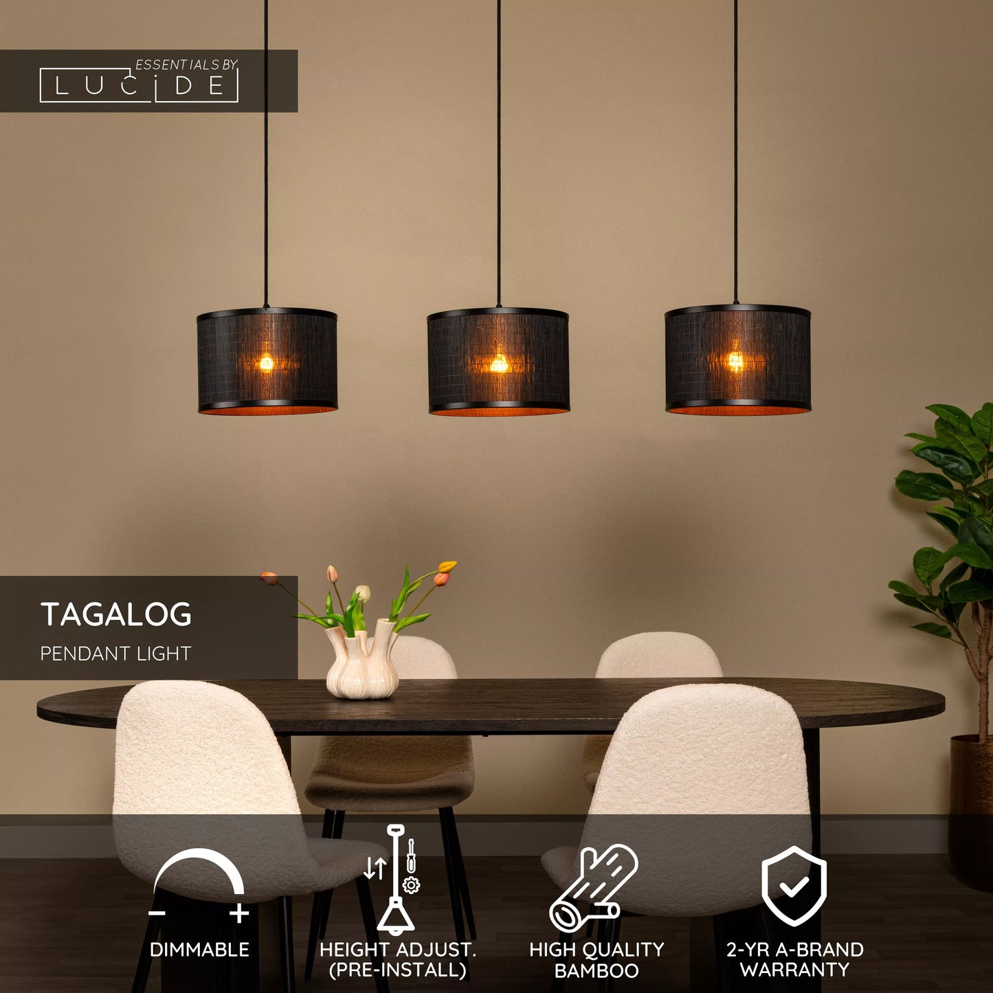 Lucide TAGALOG - Pendant light - Ø 40 cm - 3xE27 - Black | Essential