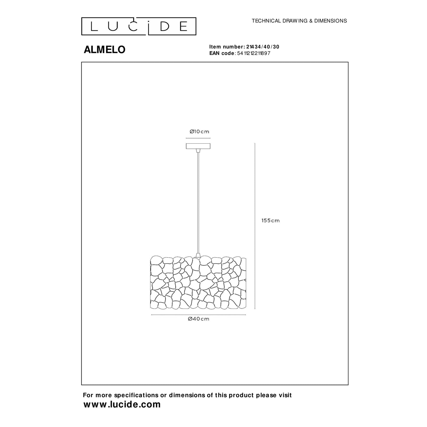 Lucide ALMELO - Pendant light - 1xE27 - Black