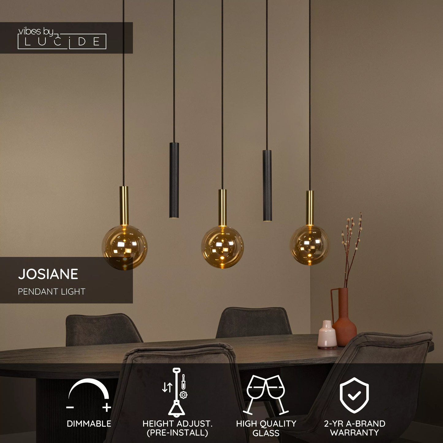 Lucide JOSIANE - Pendant light - 3xG9 - Amber | Vibes