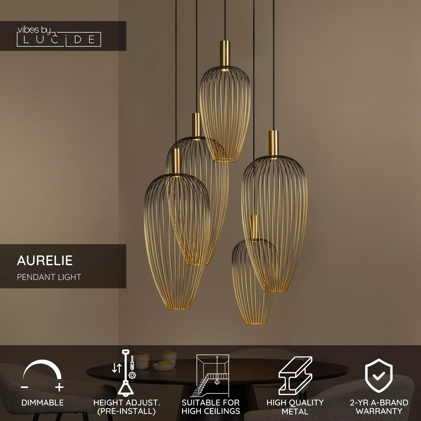Lucide AURELIE - Pendant light - 5xGU10 (MR11) - Suitable for double-height spaces and high ceiling - Gold | Vibes