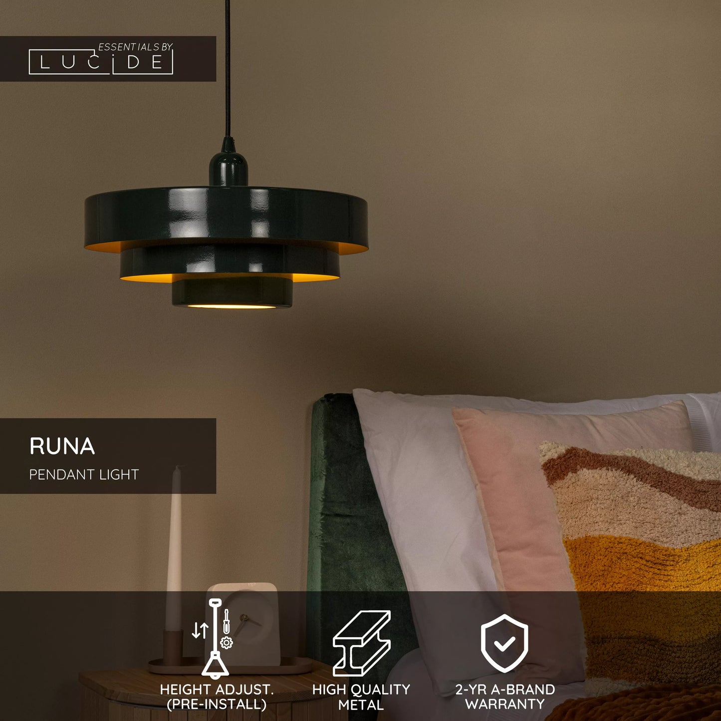 Lucide RUNA - Pendant light - Ø 35 cm - 1xE27 - Green | Essential