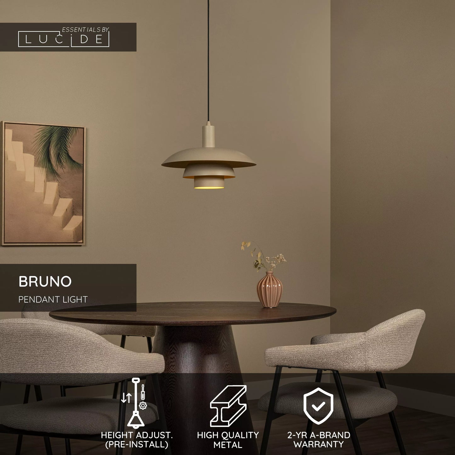Lucide BRUNO - Pendant light - Ø 38 cm - 1xE27 - Taupe | Essential