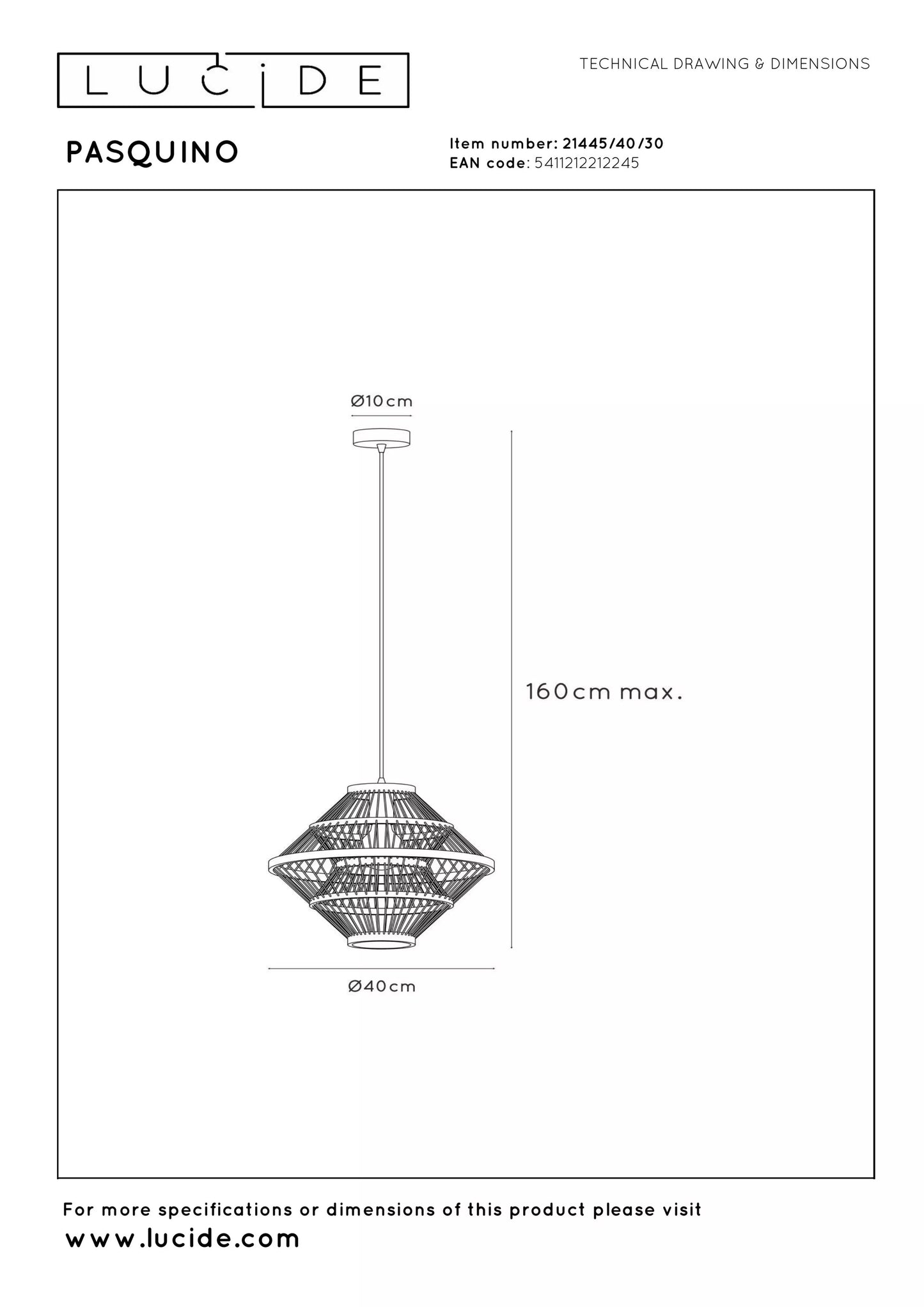 Lucide PASQUINO - Pendant light - Ø 40 cm - 1xE27 - Black | Essential