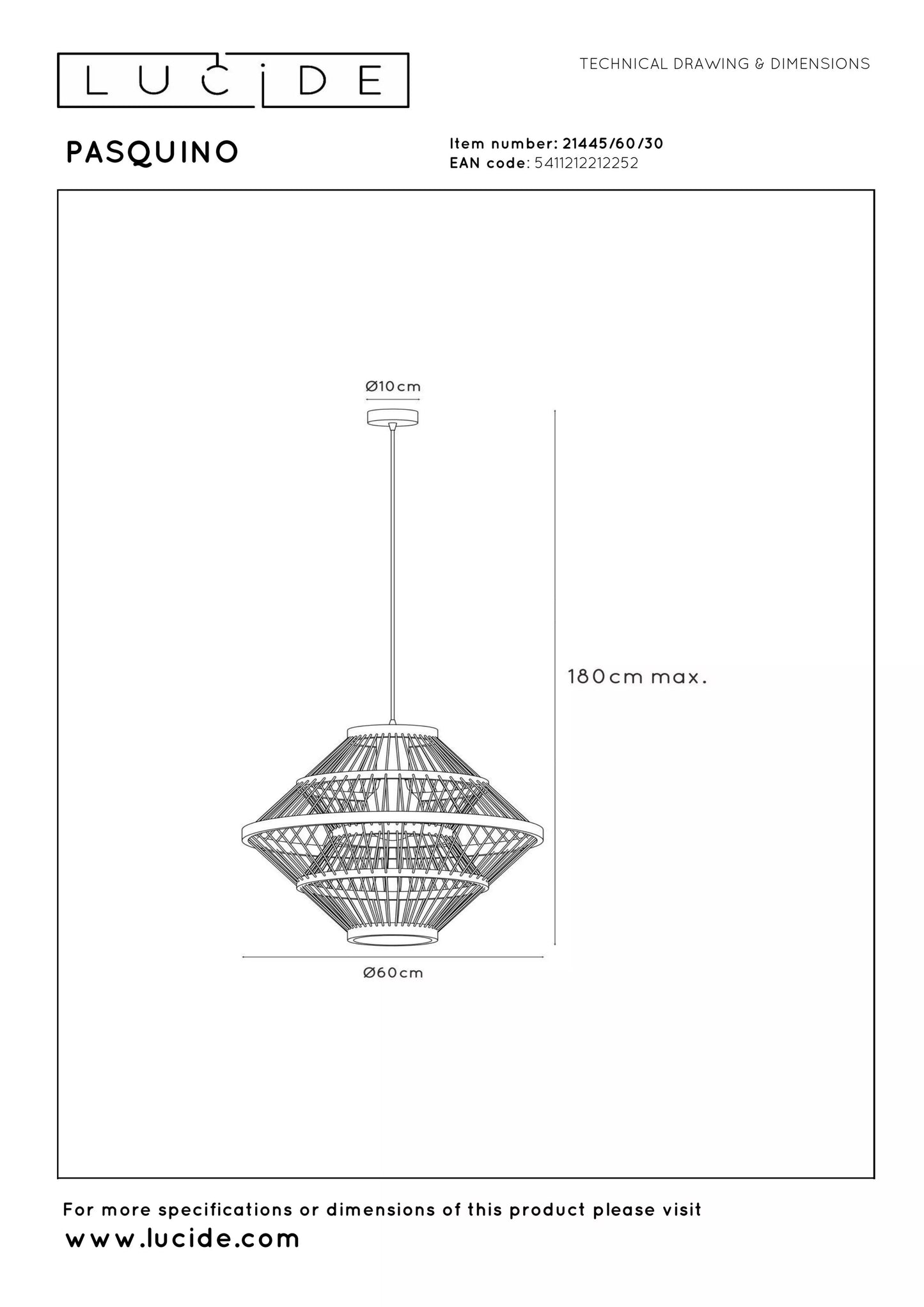 Lucide PASQUINO - Pendant light - Ø 60 cm - 1xE27 - Black | Essential