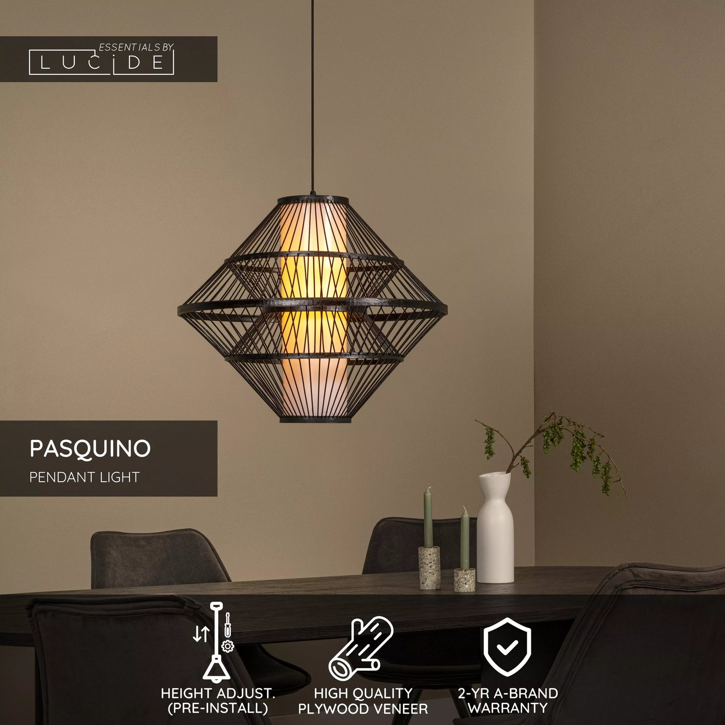 Lucide PASQUINO - Pendant light - Ø 60 cm - 1xE27 - Black | Essential