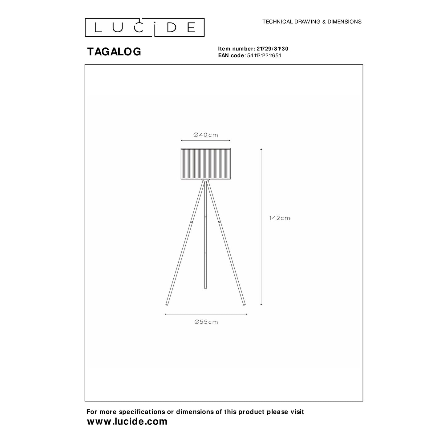 Lucide TAGALOG - Floor lamp - Ø 55 cm - 1xE27 - Black