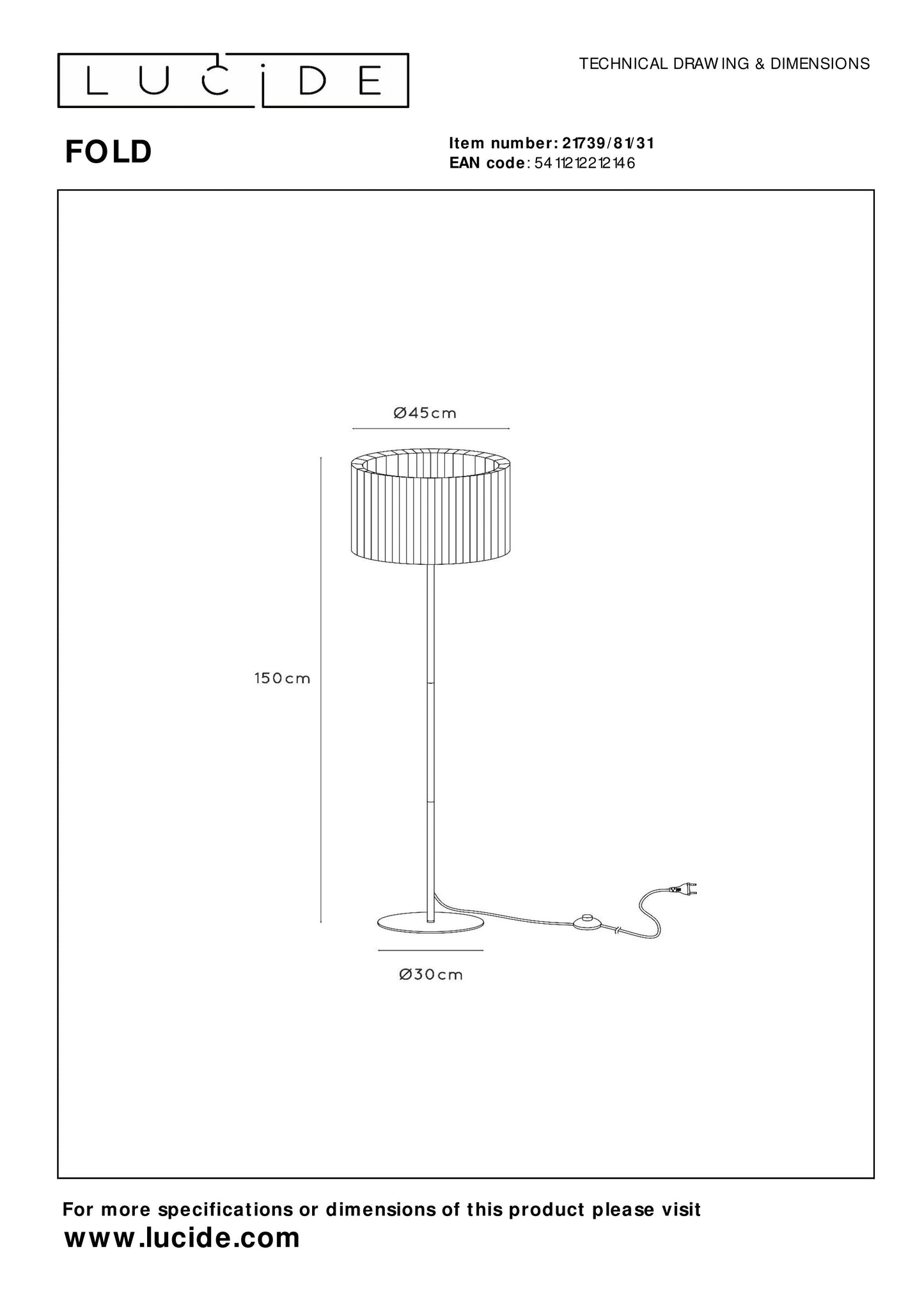 Lucide FOLD - Floor lamp - Ø 45 cm - 1xE27 - White