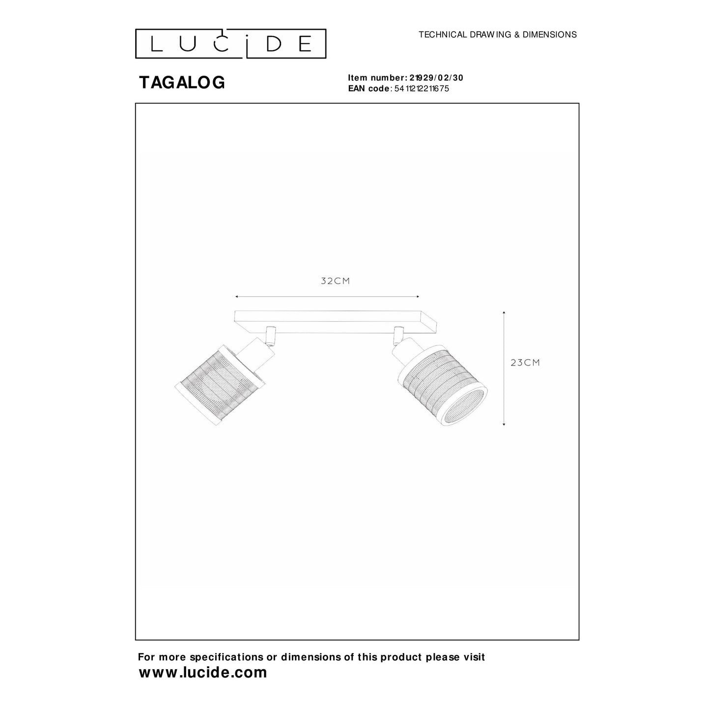 Lucide TAGALOG - Ceiling spotlight - 2xE27 - Black