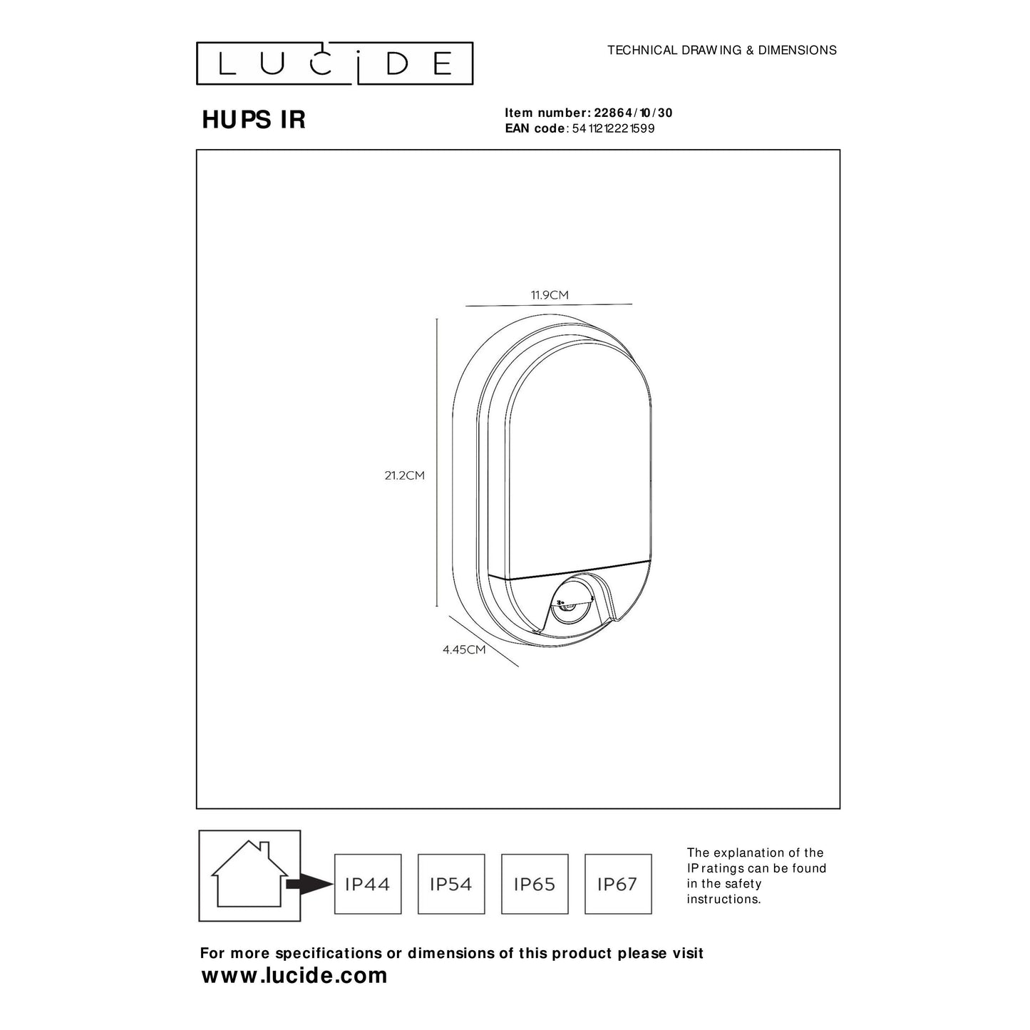 Lucide HUPS IR - Wall light Indoor/Outdoor - LED - 1x10W 3000K - IP54 - Motion & Day/Night Sensor - Black